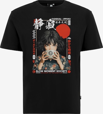 Oldskull Shirt 'Asian Tea Time Kimono Graphic' in Black: front