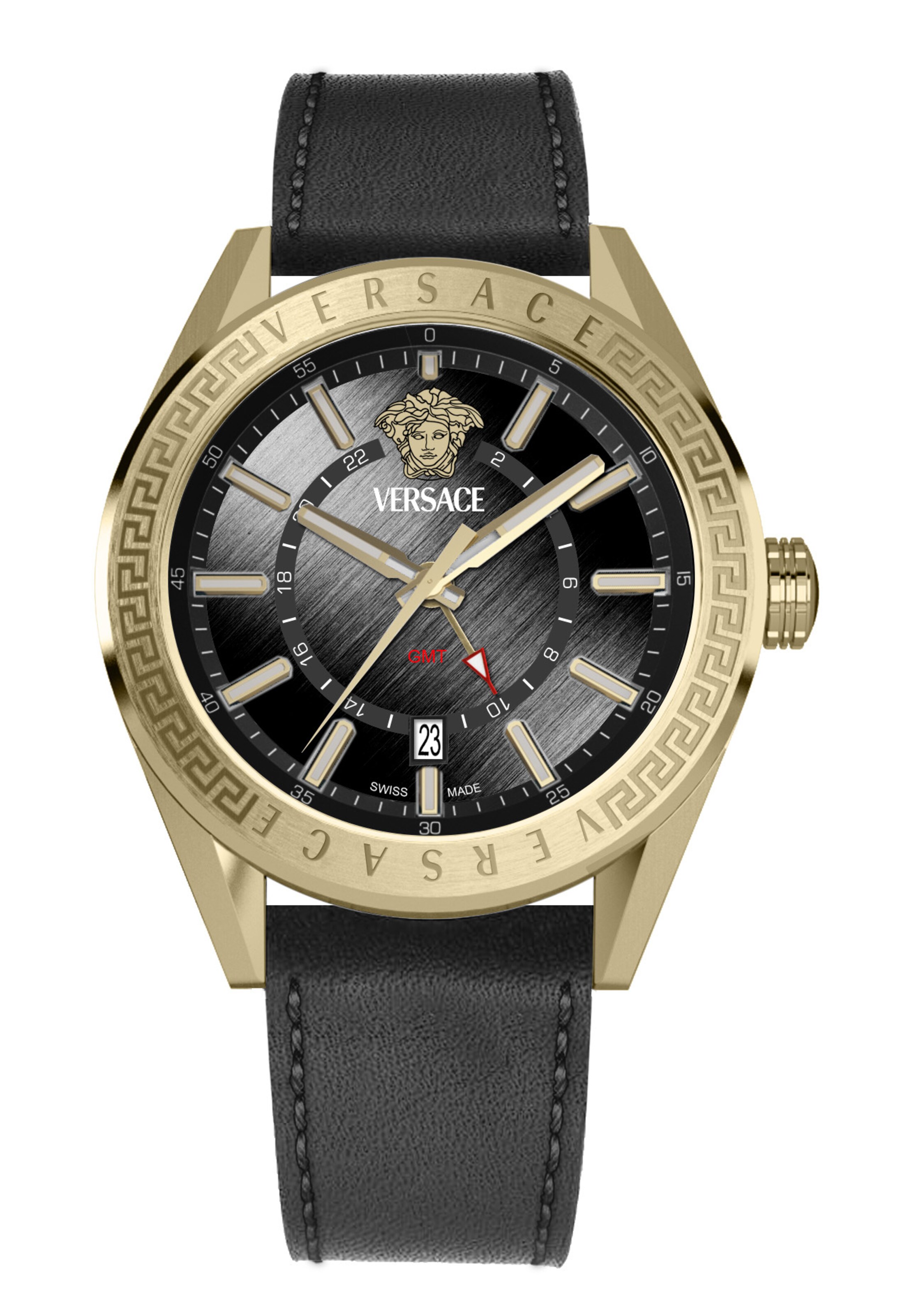 VERSACE Analoguhr 'V-Code GMT' in Schwarz: Vorderseite