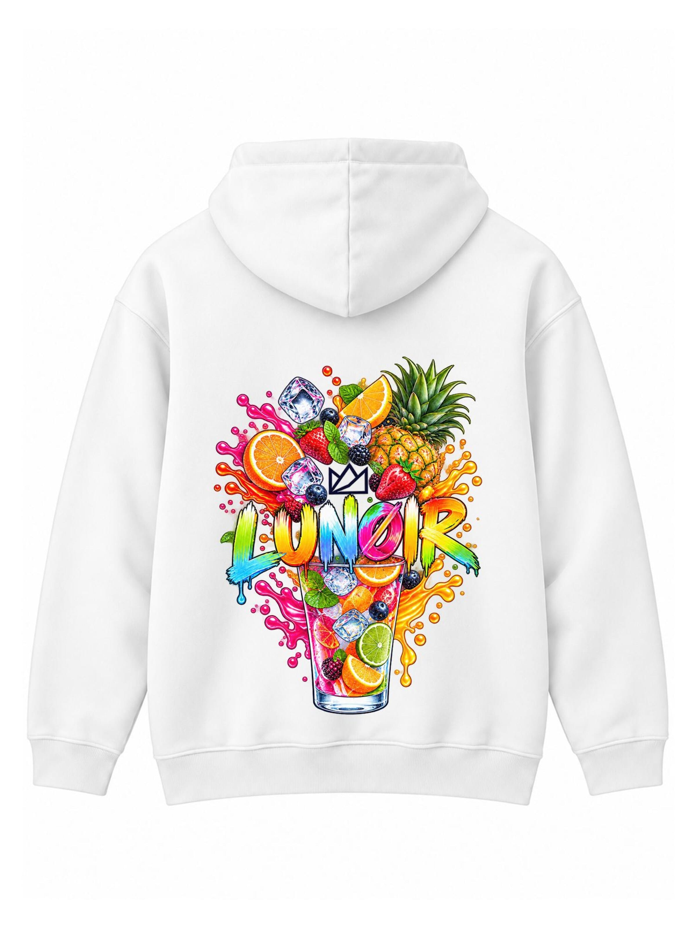 LUNØIR Studio Tréning póló 'Tropical Riot – Fruit Splash' - fehér: elől
