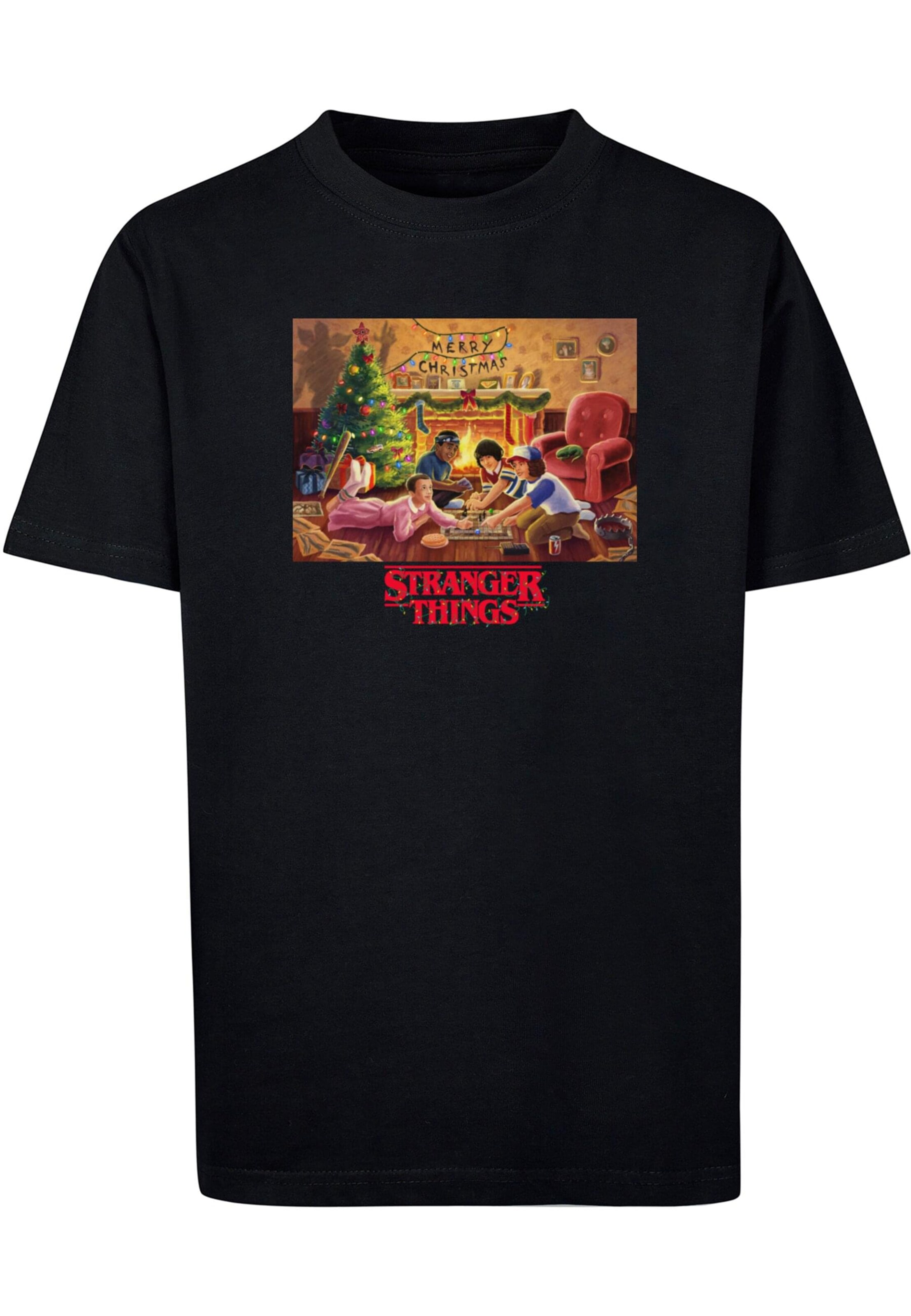 ABSOLUTE CULT Shirt 'Stranger Things - Christmas Gathering' in Zwart: voorkant