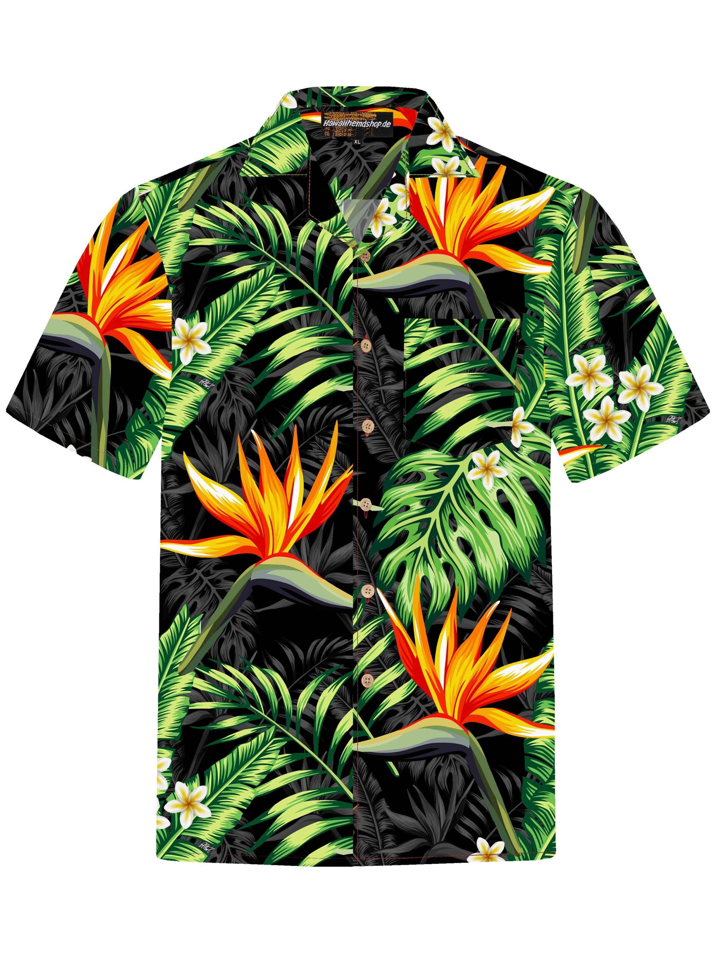 Hawaiihemdshop.de Regular Fit Hemd 'Hawaiihemd "Bird of Paradise"'‌‌‌‌‌‌‌‌‌ in Schwarz: Vorderseite