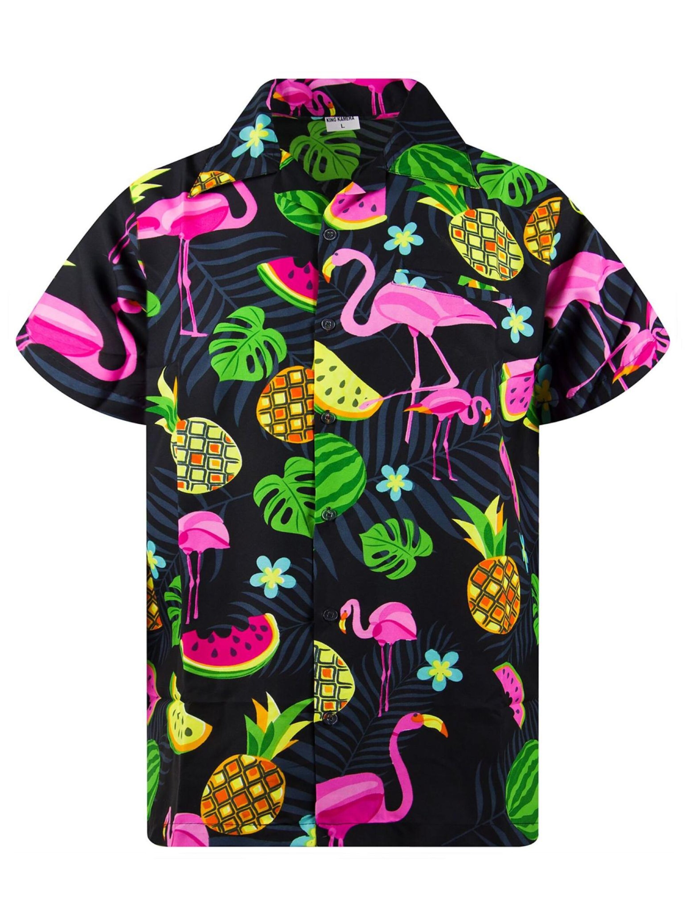 King Kameha Shirt 'Flamingo Melone'‌‌‌‌‌‌‌ in Schwarz: Vorderseite