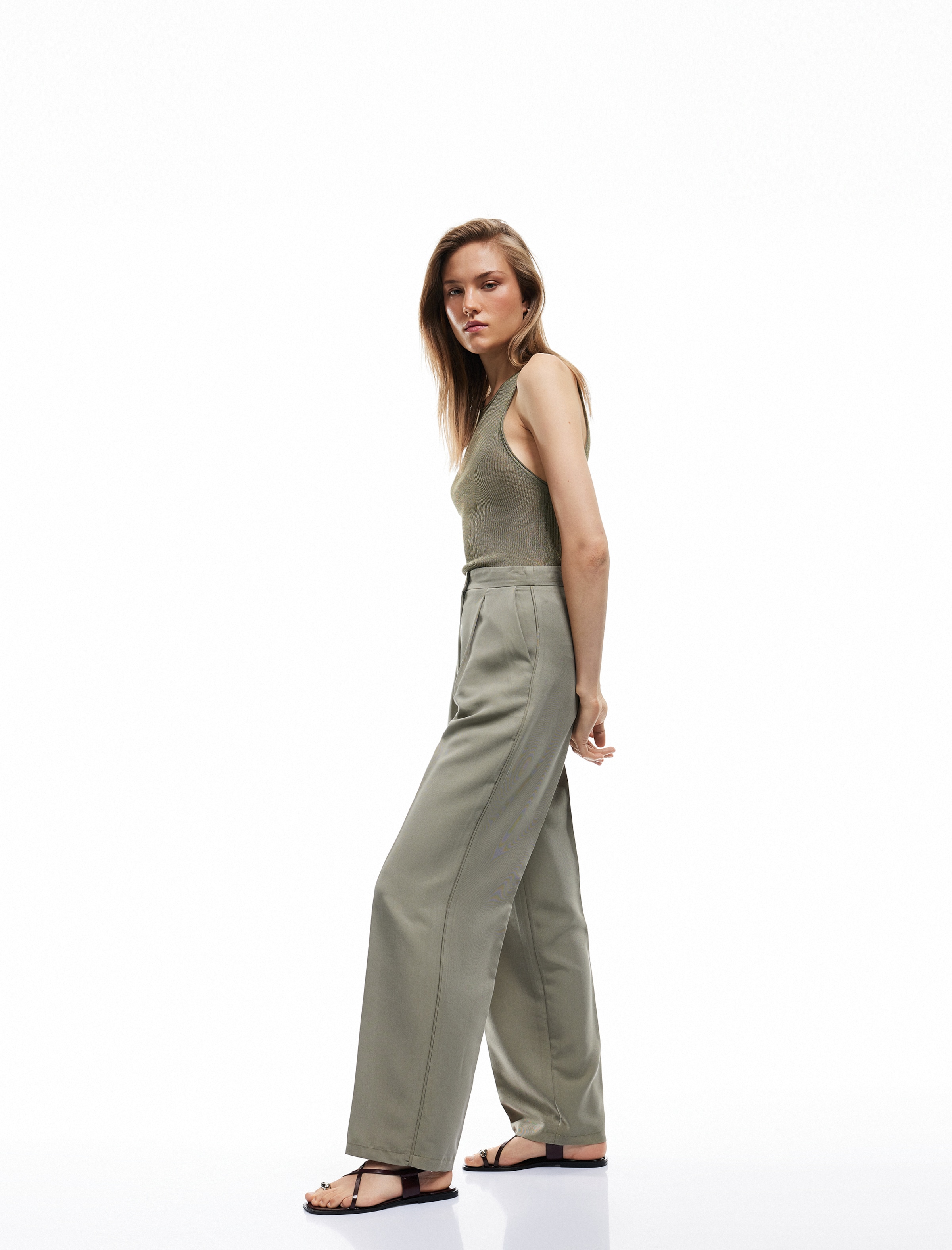 Koton Wide leg Trousers with creases in Green