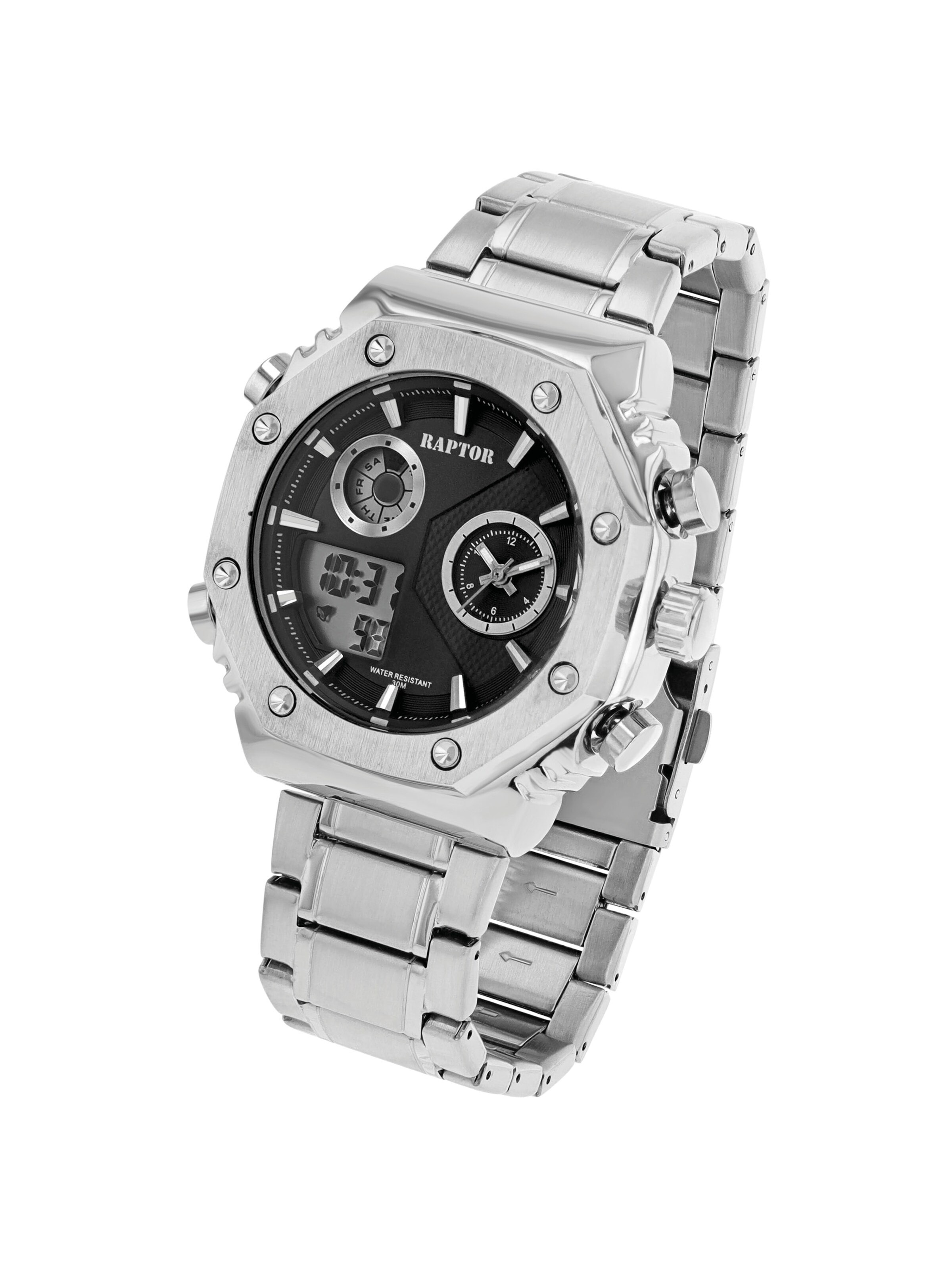 Raptor Analoguhr 'mit Dual-Time und Edelstahlarmband'‌‌‌‌ in Silber: Vorderseite