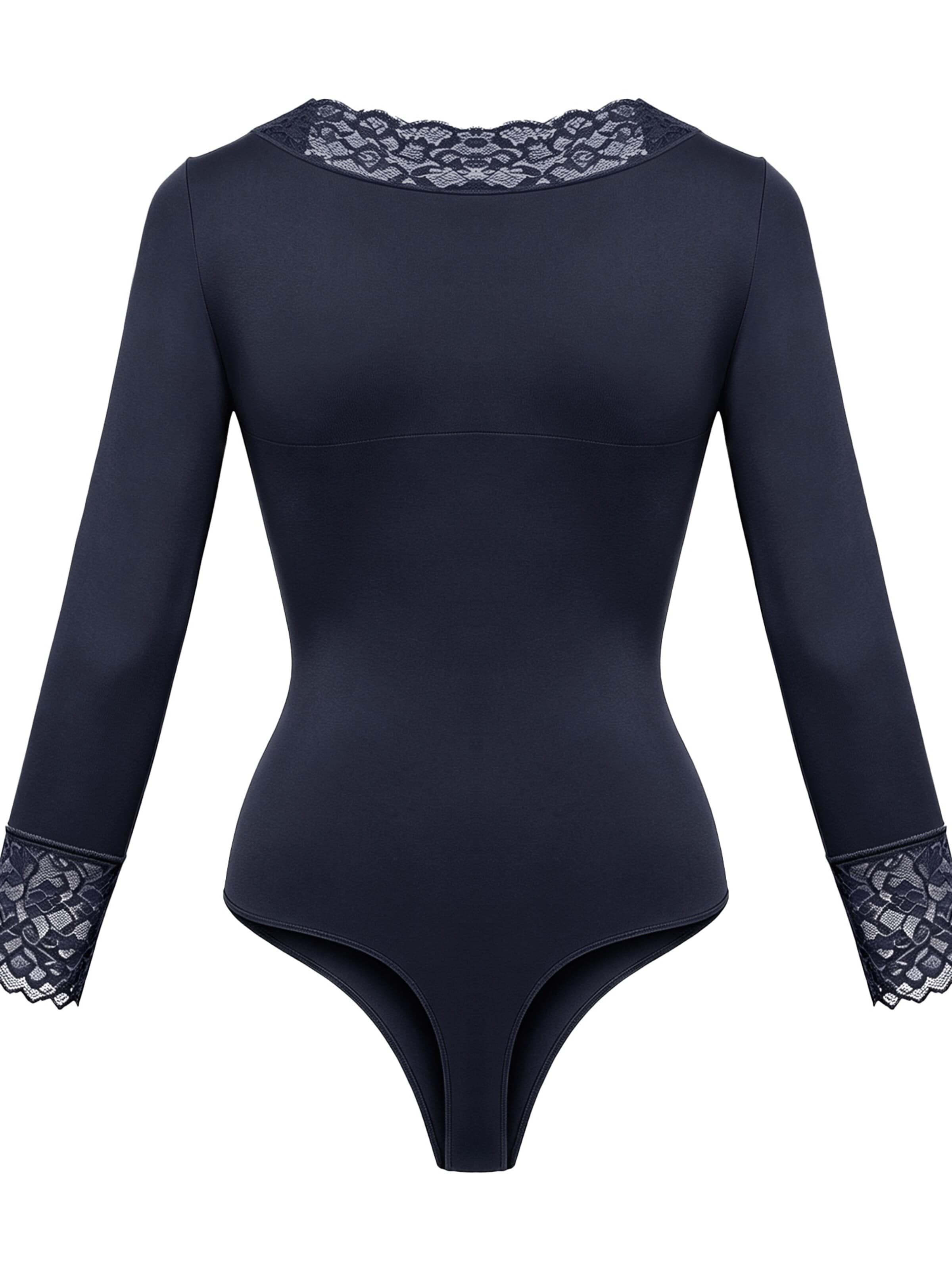 cfab - Body moldeador 'Clean Longsleeve V-Neck with Lace Sculpting Bodysuit with String' en azul