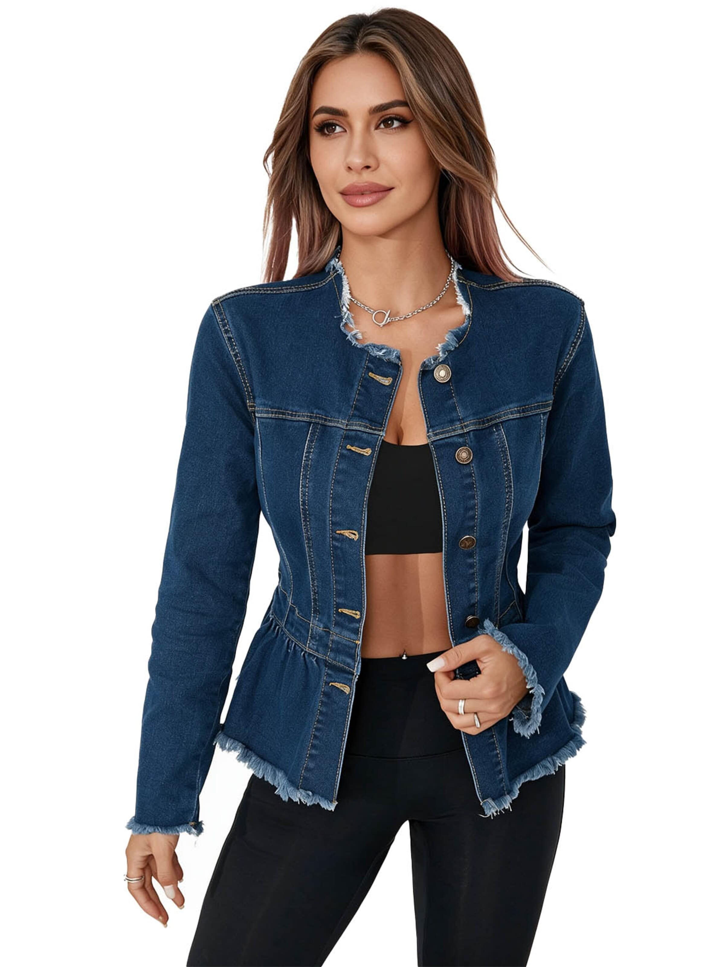KoJooin Between-Season Jacket 'Damen Jeansjacke mit Peplum-Saum Kragenloser Rundhalsausschnitt, Knopfleiste und Kurzschnitt' in Blue: front