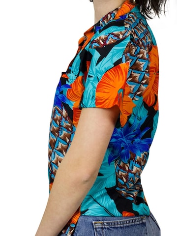 King Kameha Bluse 'Pineapple Hibiscus Black Line'‌‌‌ in Blau