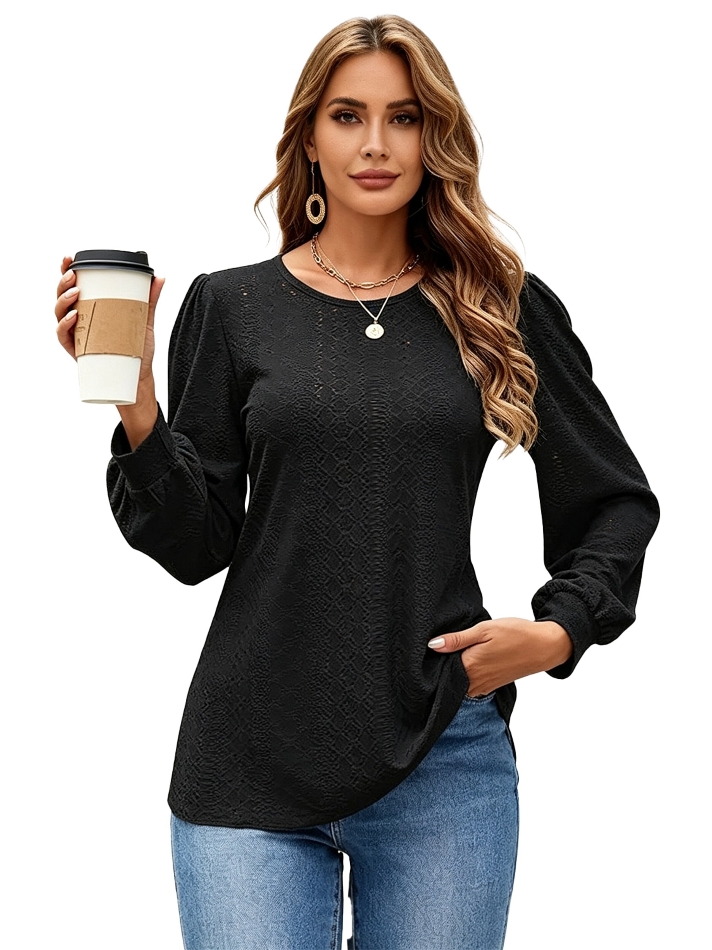 KoJooin Shirt 'Damen Locker Geschnittenes Rundhals T-Shirt mit Puffärmeln – Lässiges Langarmshirt für Alltag' in Black