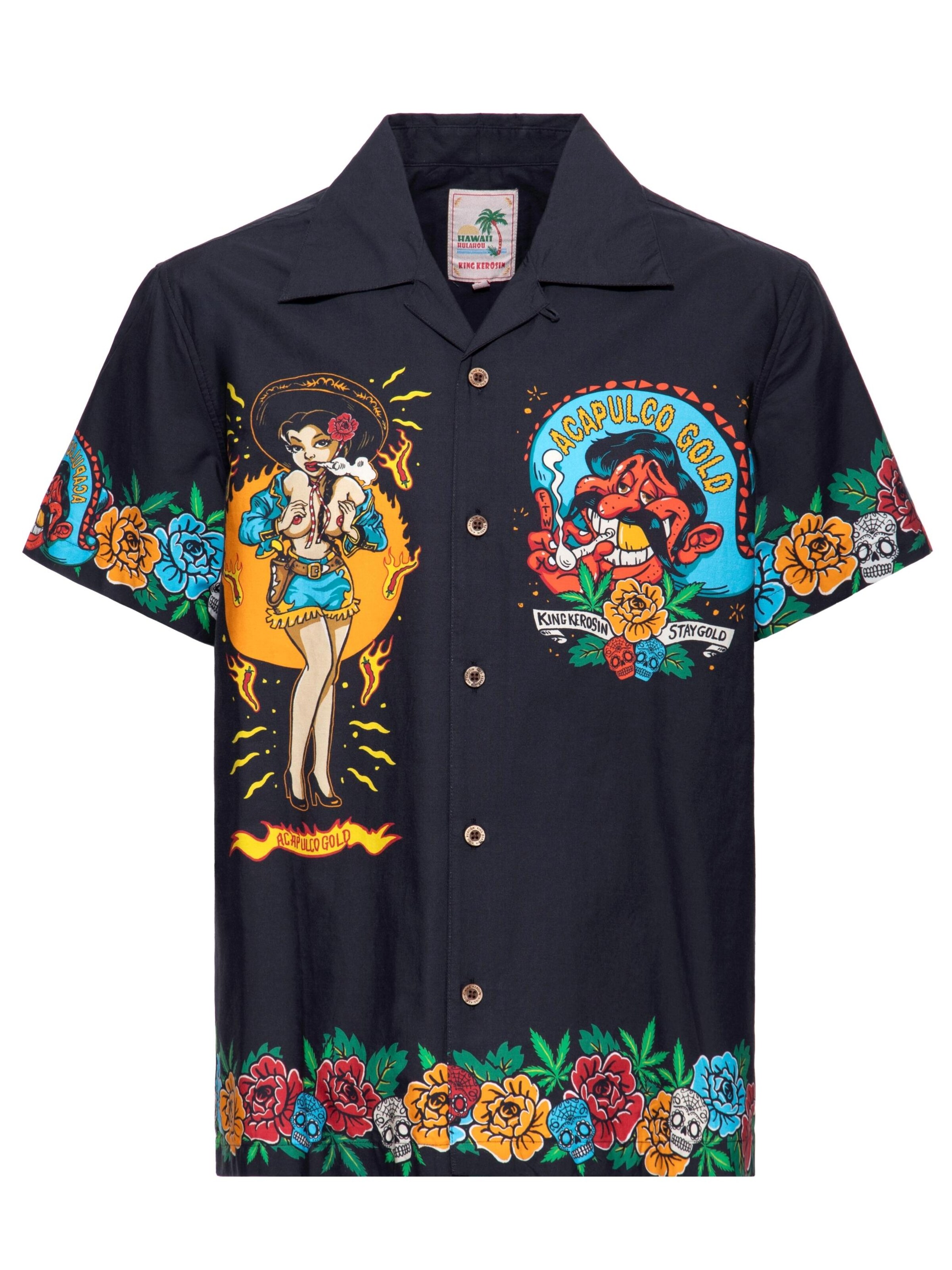 King Kerosin Button Up Shirt 'Acapulco Gold' in Black, Item view