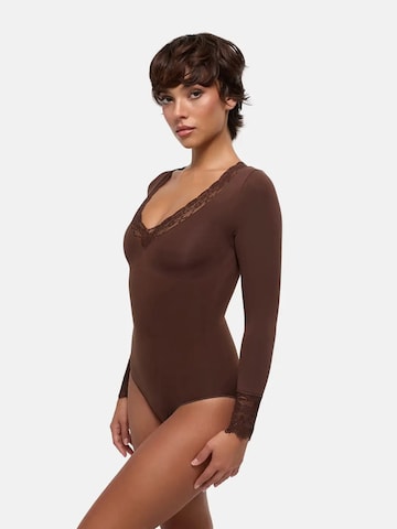 cfab - Body moldeador 'Clean Longsleeve V-Neck with Lace Sculpting Bodysuit with Slip' en marrón