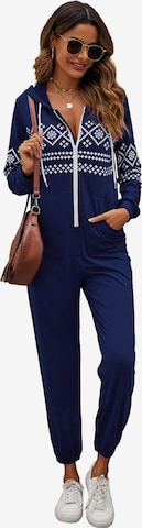 KoJooin Kombinezon 'Damen Overall mit Print, Kapuze, Kordelzug, langen Ärmeln und Taschen Bequemer Freizeit Jumpsuit' w kolorze niebieski: przód