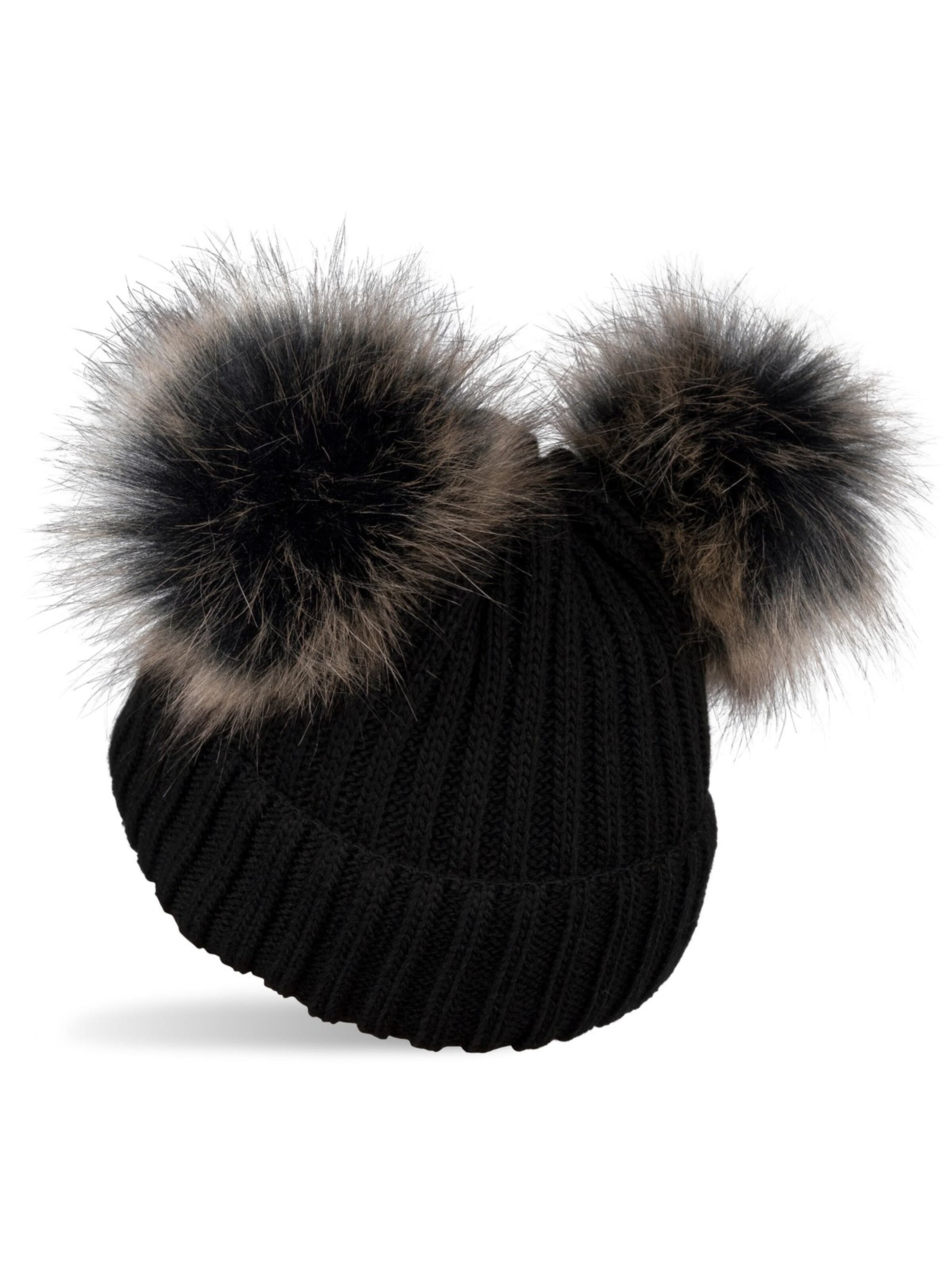 styleBREAKER Beanie 'Kinder Bommelmütze mit zwei Bommel' in Black: front