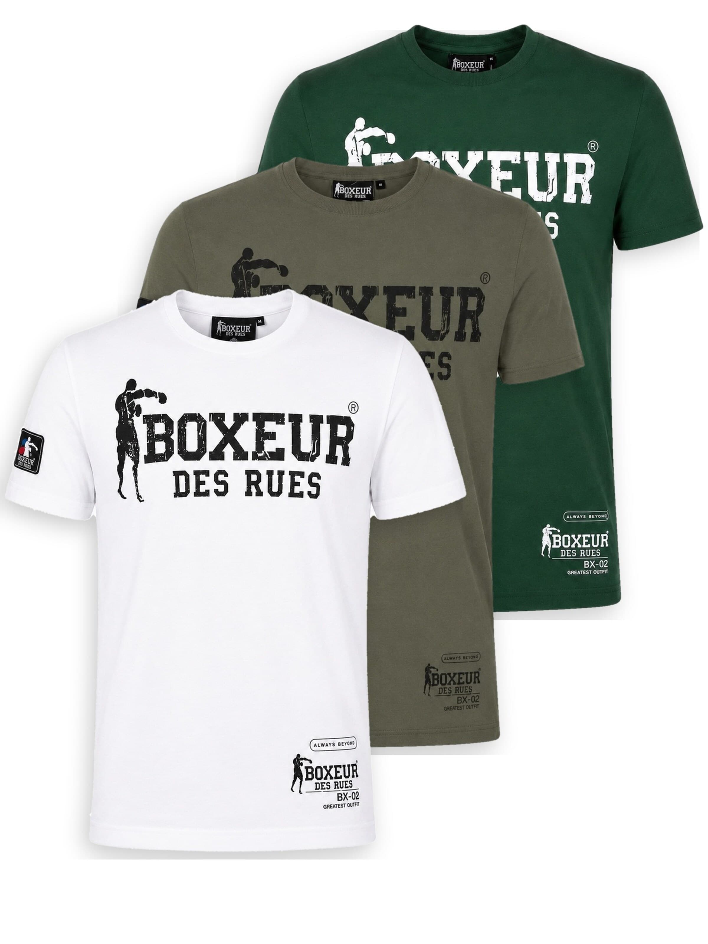 Boxeur des Rues Shirt 'Herren T-Shirt 3er-Pack Boxeur des Rues Slim Fit: Weiß, Schwarzes Logo + Oliv + Dunkelgrün, Weißes Logo'‌‌ in S in mischfarben, Produktansicht