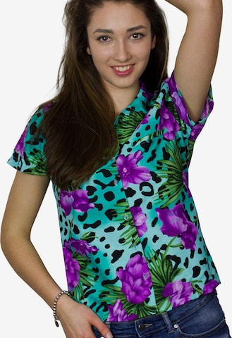 King Kameha Blouse 'Leopard Flowers' in Blue: front
