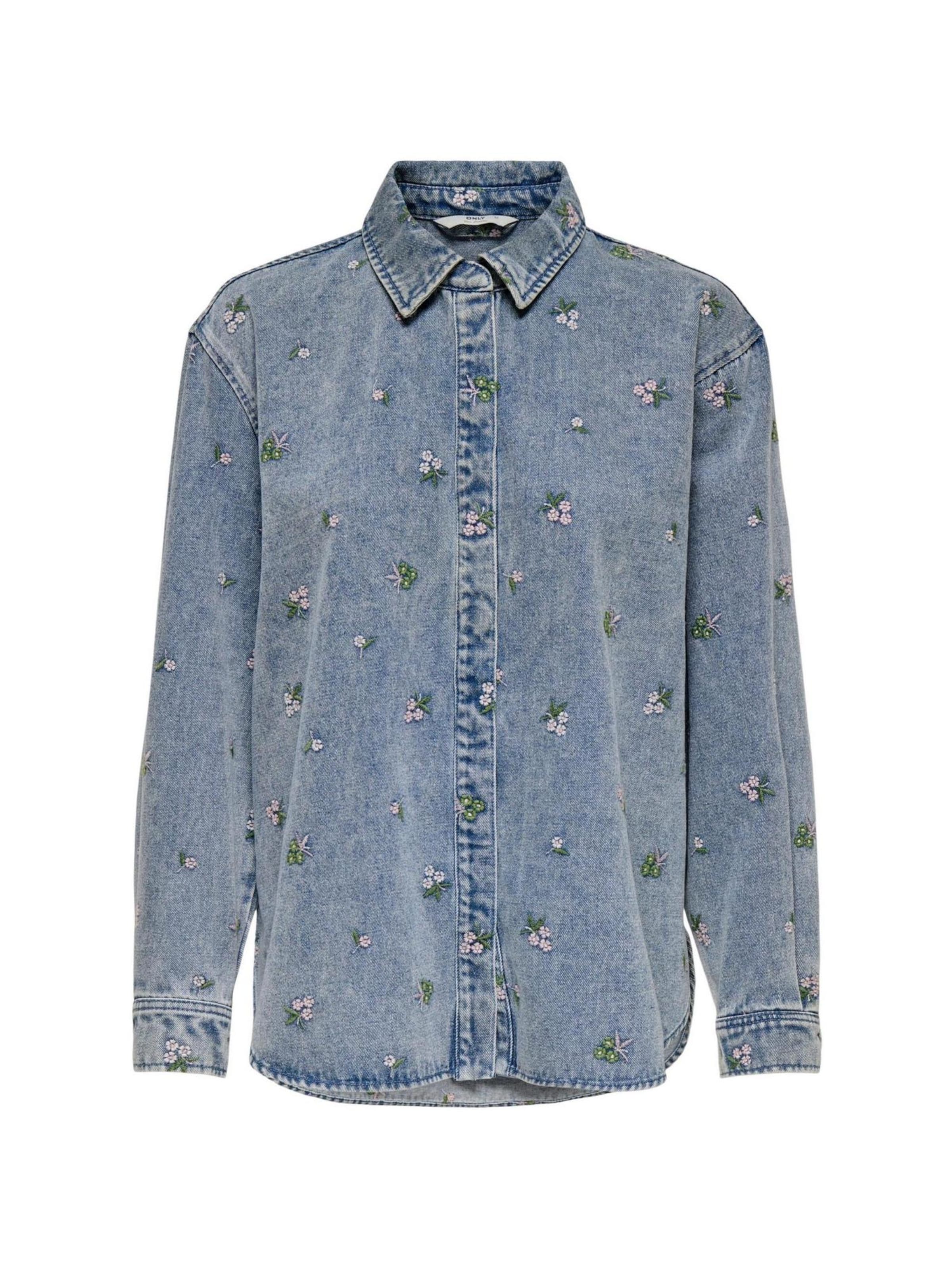 Giacca di mezza stagione 'Onlvera L/S Flower Emb Shirt Dnm Noos 15351977' di ONLY in blu