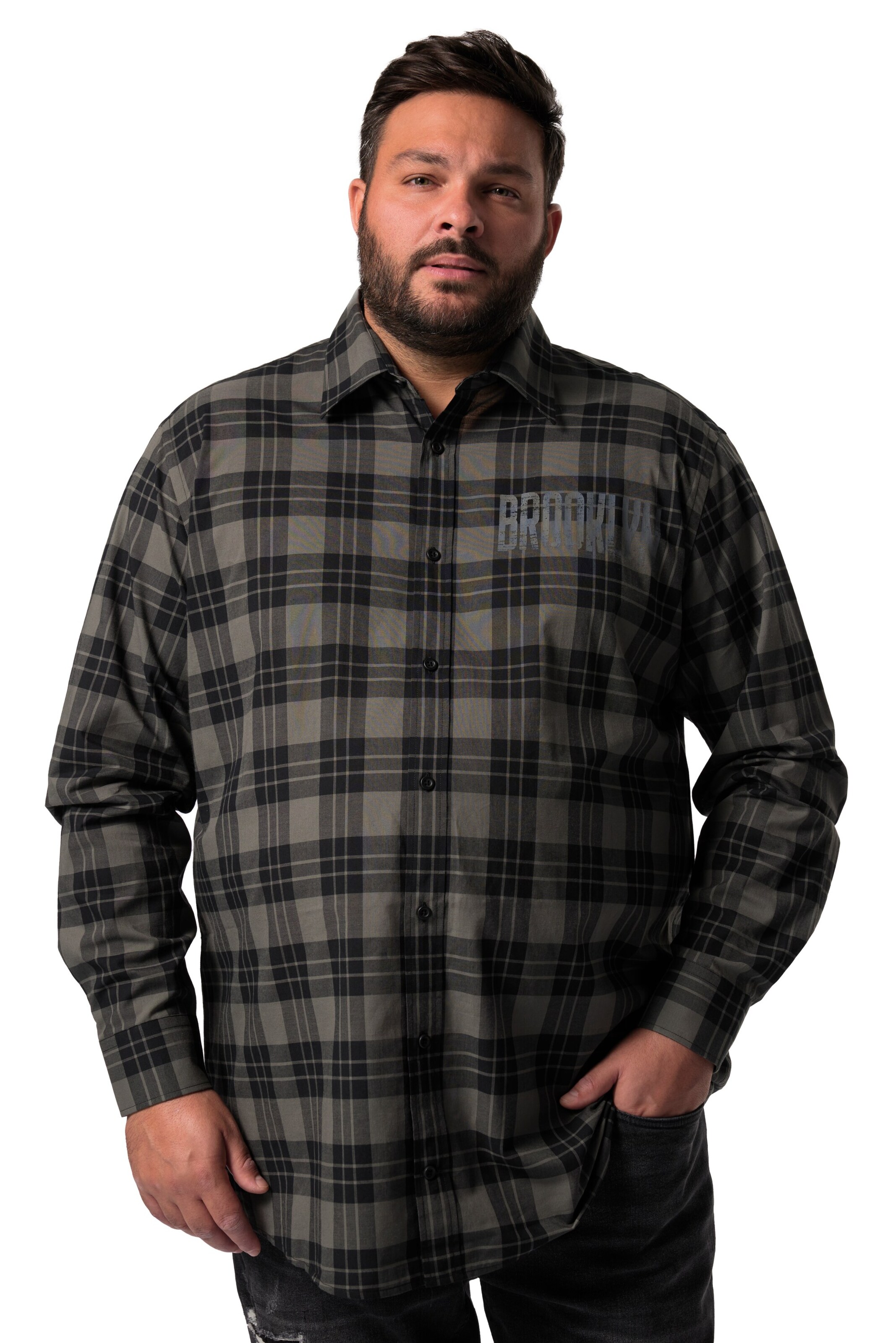 Men Plus Comfort fit Overhemd in Zwart: voorkant