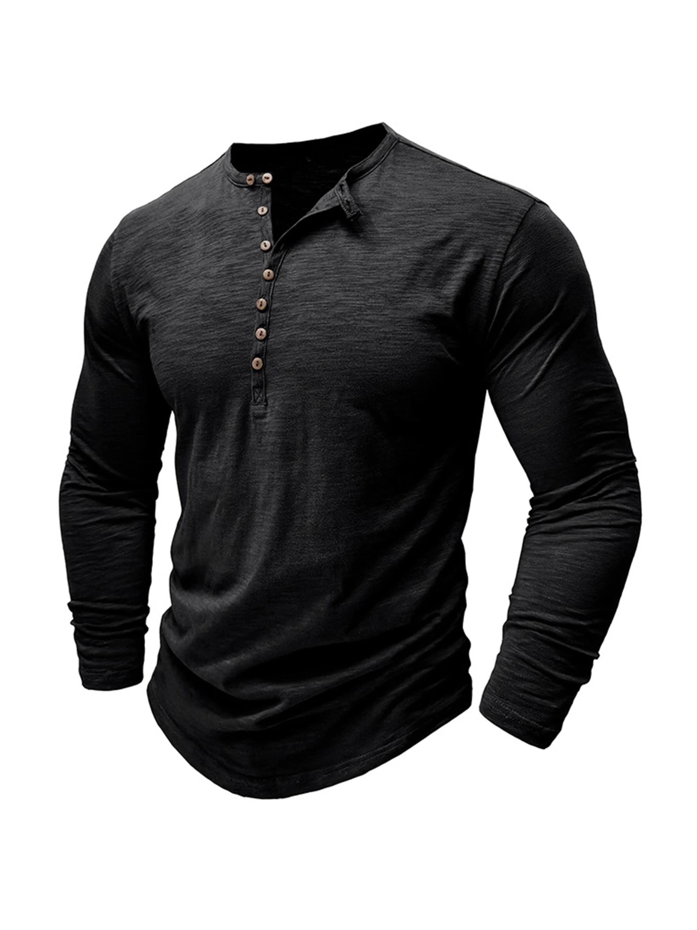KoJooin Koszulka 'Herren Henley-Shirts, Langarm-T-Shirts, lässige, leichte Mode, Pullover-Shirt mit Knöpfen' w kolorze czarny