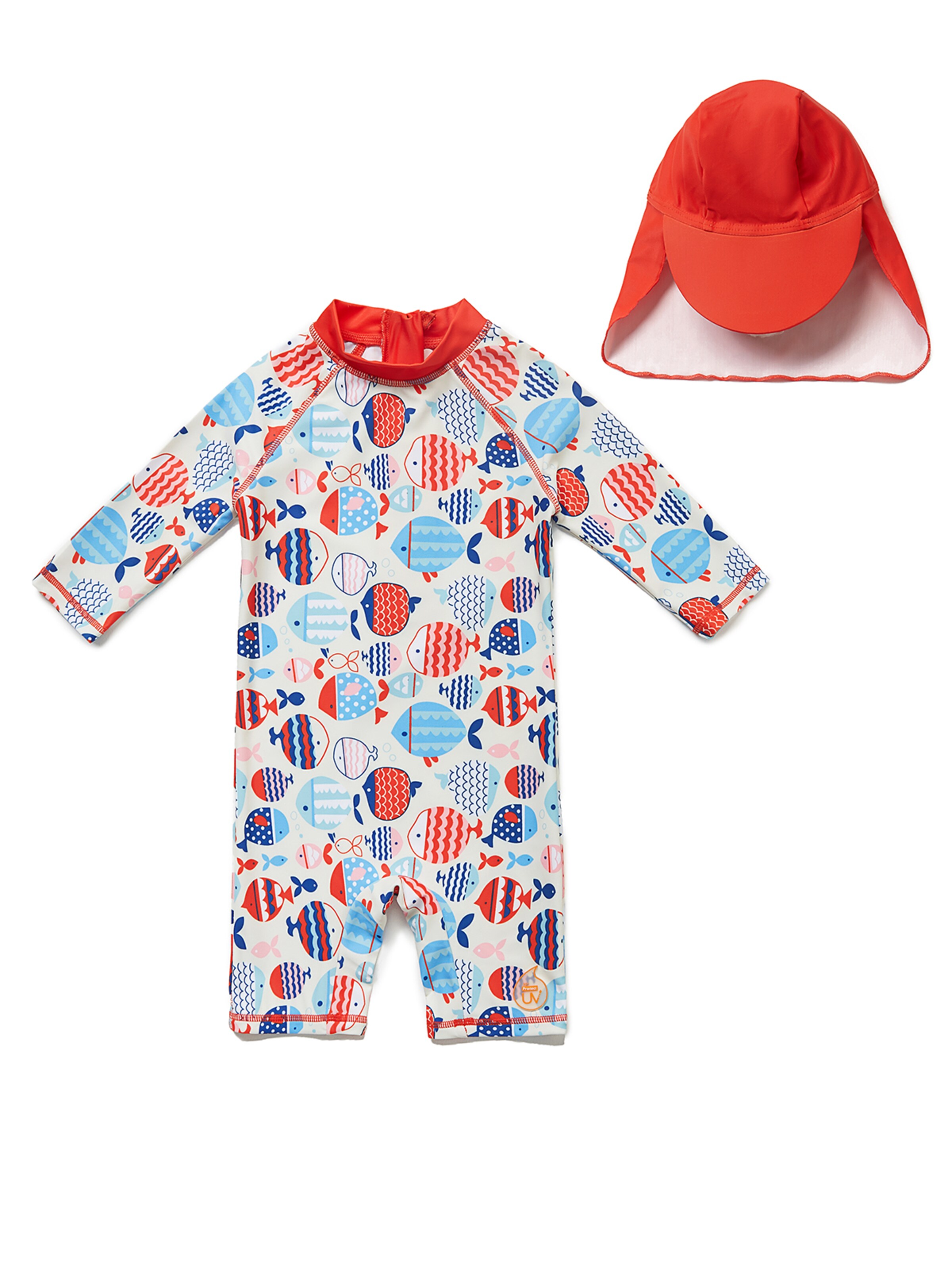 BONVERANO Athletic Swimwear 'Baby Mädchen UV Badeanzug 50+ 3/4-Ärmel Rückenreißverschluss inkl Sonnenhut' in Red: front