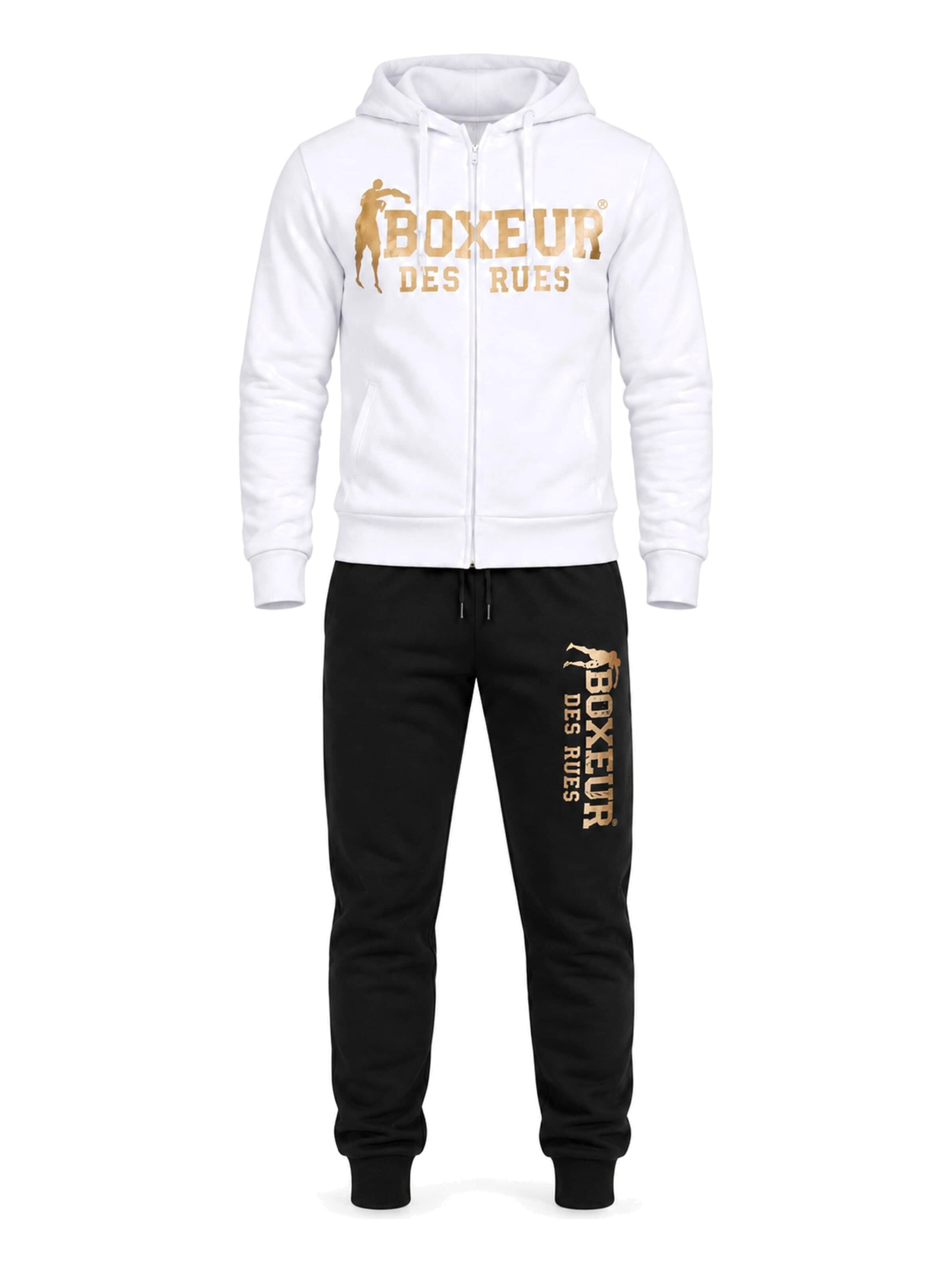 Boxeur des Rues Hausanzug 'Herren Set Boxeur des Rues: Fitted Hoodie mit Reißverschluss Weiß + Jogginghose Schwarz, Goldenes vertikales Logo'‌‌‌‌ in Mischfarben: Vorderseite