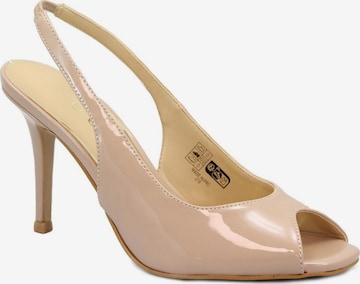 GUESSCipele s potpeticom i otvorenom petom 'GUESS KISELLE KLKPAF nude scarpe sandalo donna punta aperta tacco vernice' - bež boja: prednji dio