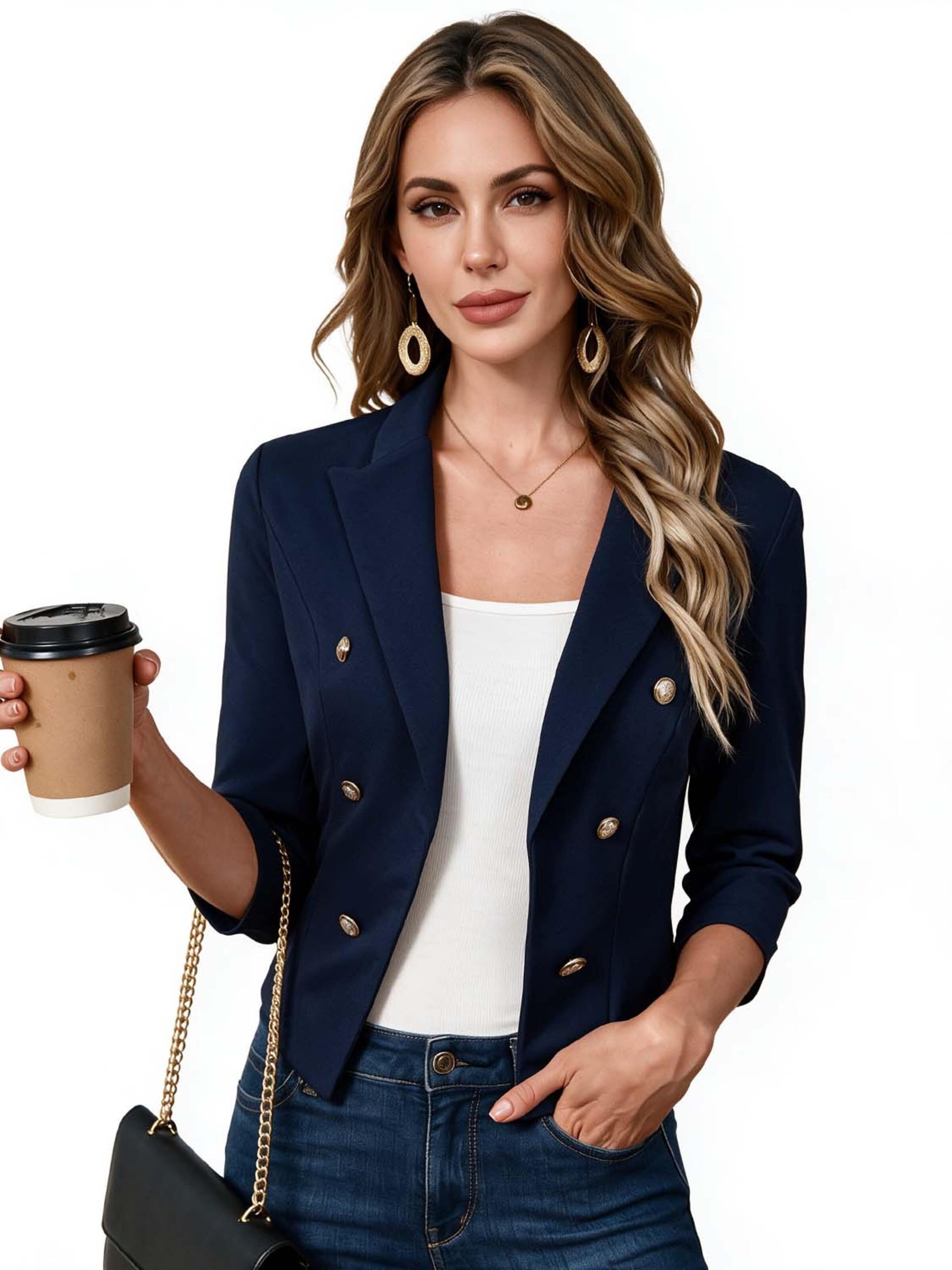 KoJooin Marynarka 'Damen Business-Blazer mit spitzem Reverskragen Metallknöpfen: 3/4-Ärmel,offene Knopfleiste perfekt' w kolorze niebieski