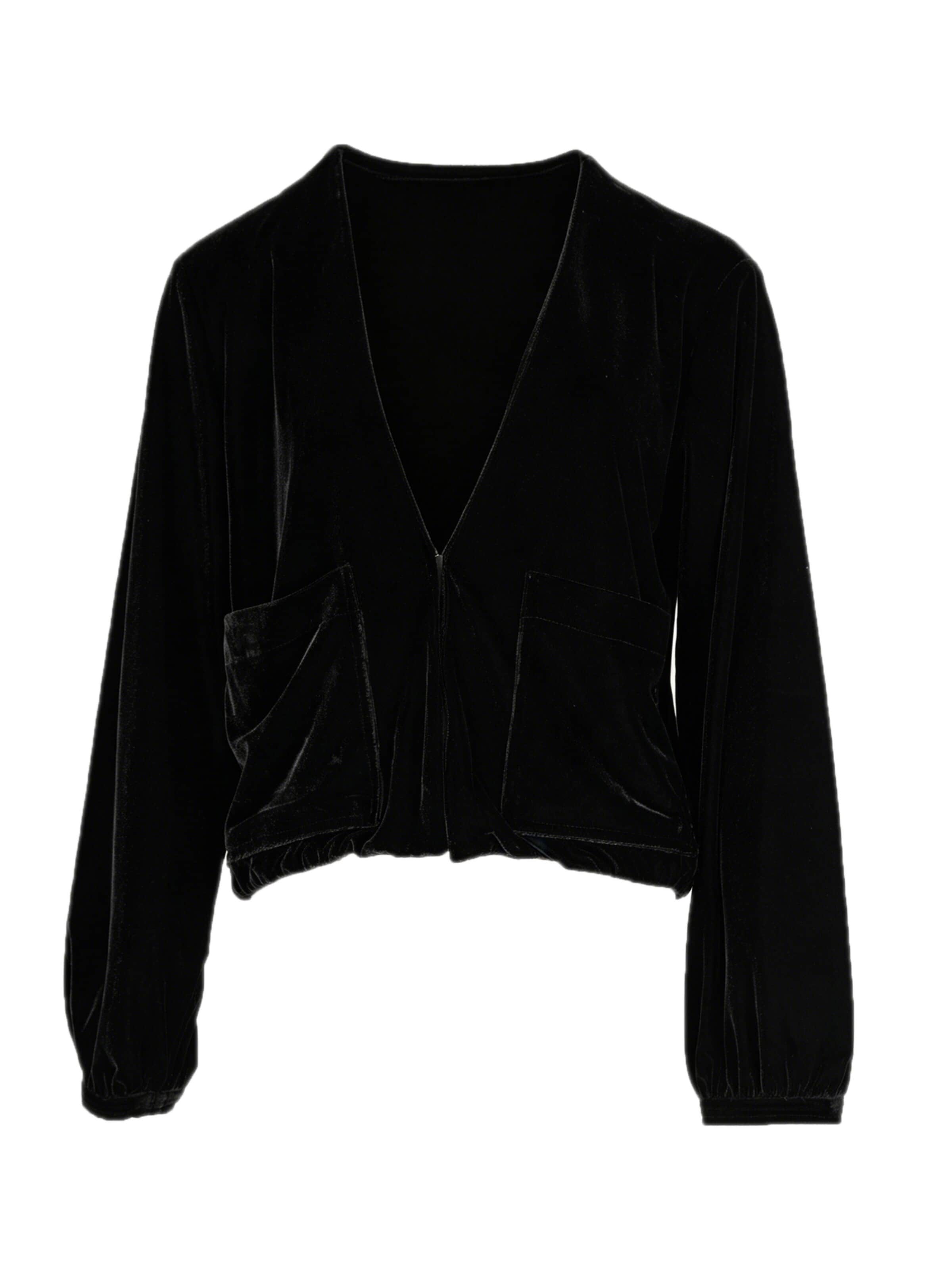 Veste mi-saison 'YOLIGEX Samtjacke Schwarz V-Ausschnitt mit Taschen' yoligex en noir : devant