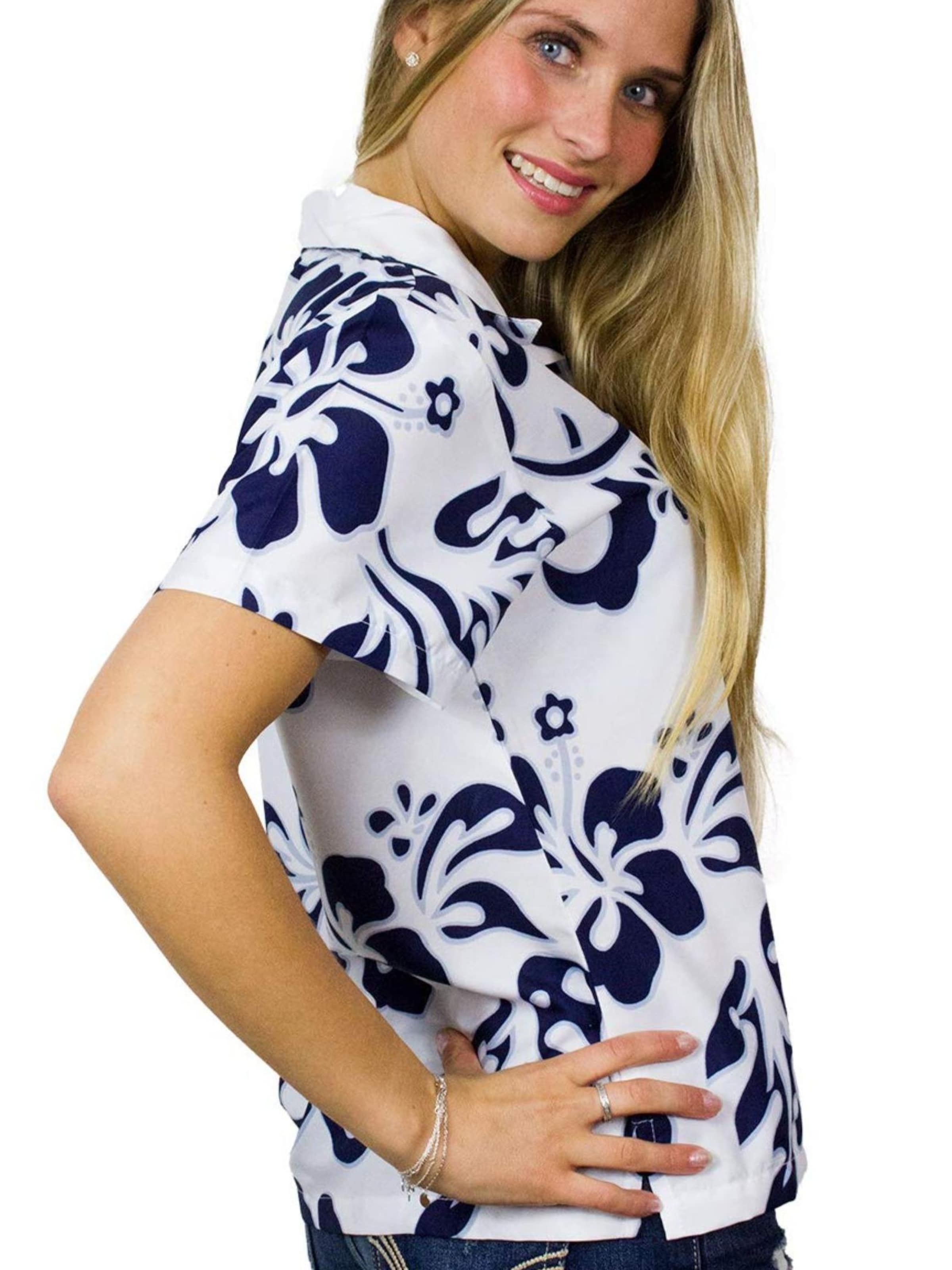 King Kameha Blouse 'Hibiscus White Line' in Blue