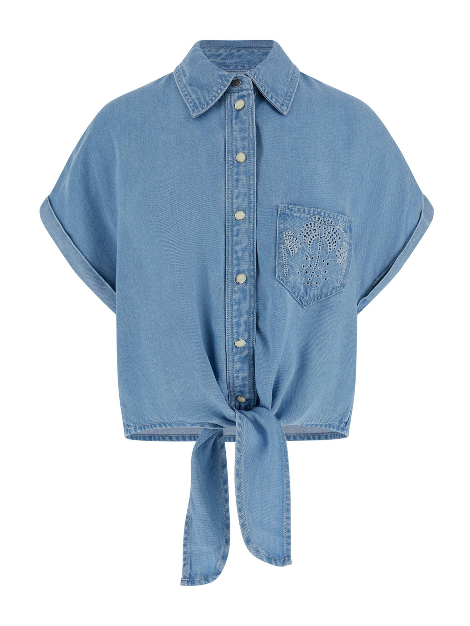 Camicia Jeans Donna Maniche Corte - Denim Leggero Con Colletto A Risvolto E Tasca - Taglie S/M/L/XL - Rayon E Poliestere