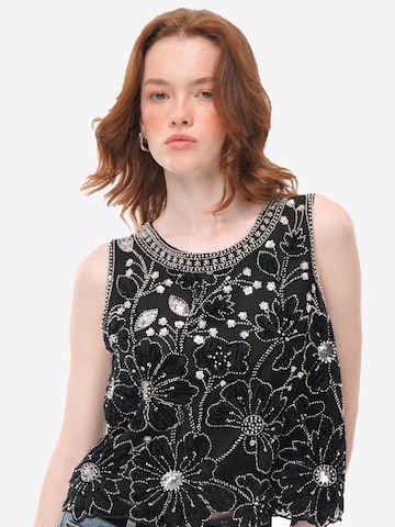 Top 'Floral Applique Beaded Sleeveless Top, Rhinestone‑Trimmed Sheer Crew Neck Vest' di yoligex in nero
