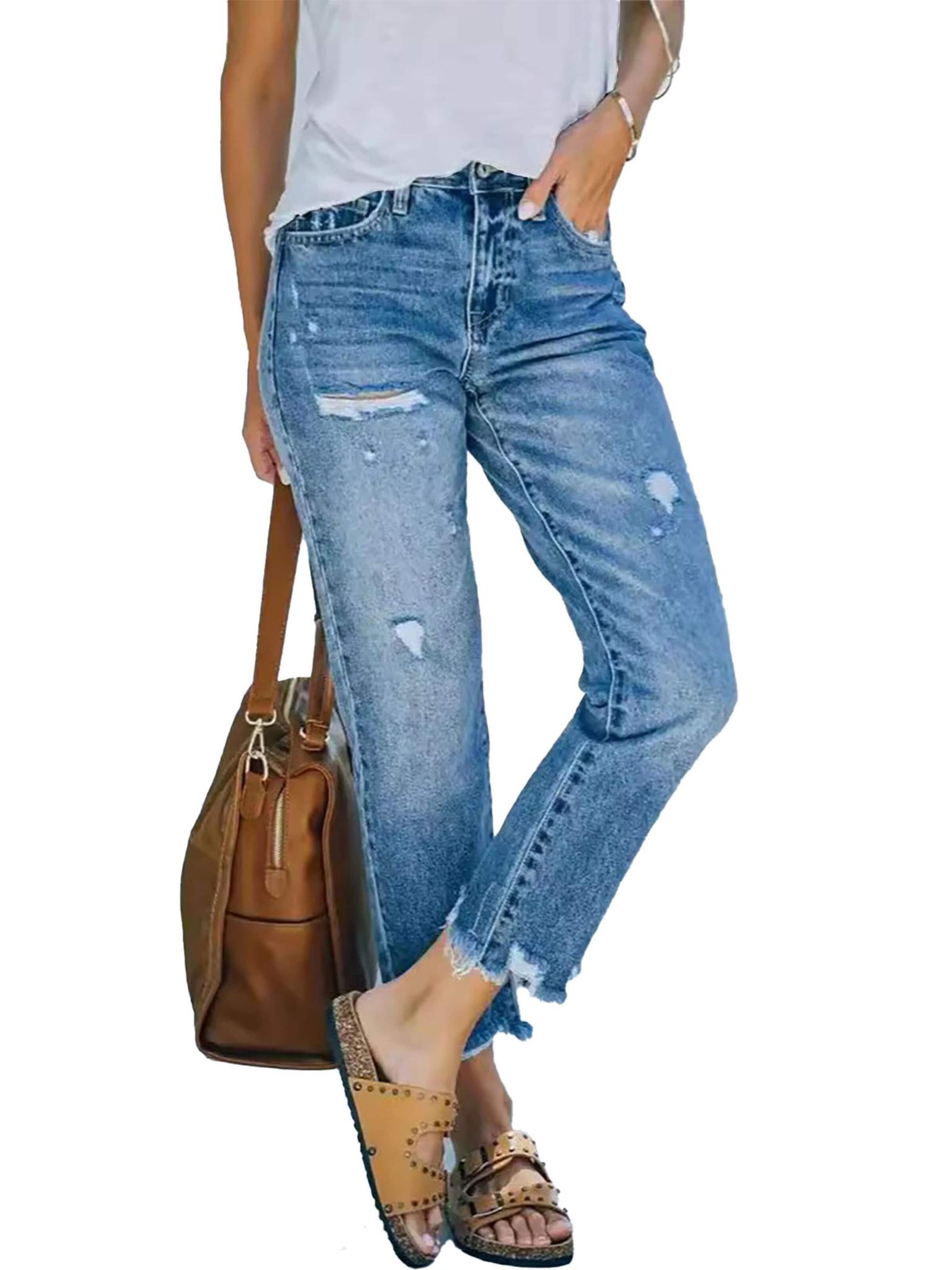 KoJooin Regular Jeans 'Damen 7/8 Straight Leg Jeans mit Used-Effekten und lässigen Destroyed-Details' in Blue