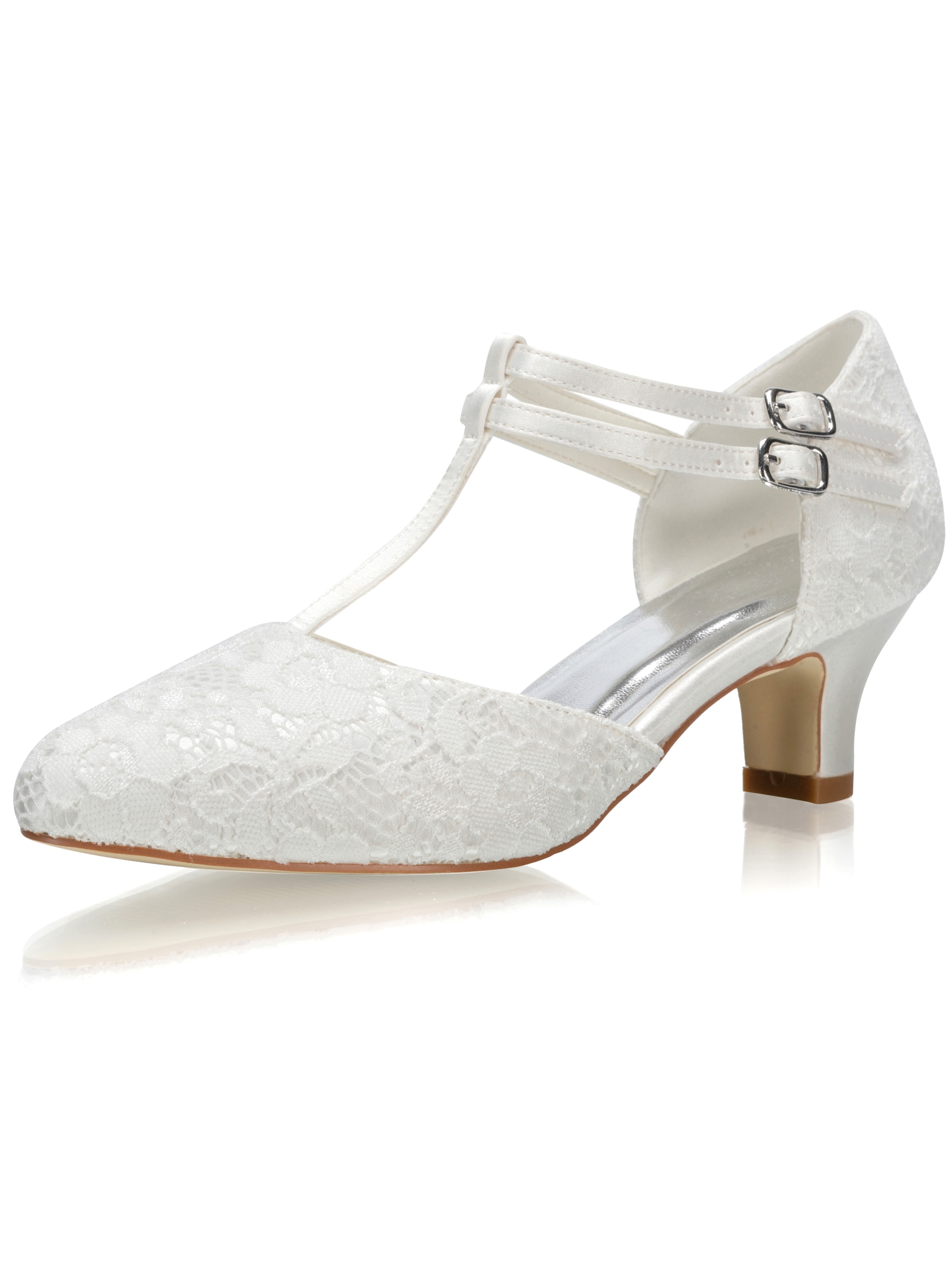 jiajia Pumps 'Weiße Brautschuhe mit Spitze T-Riemen und Blockabsatz' in Beige: front