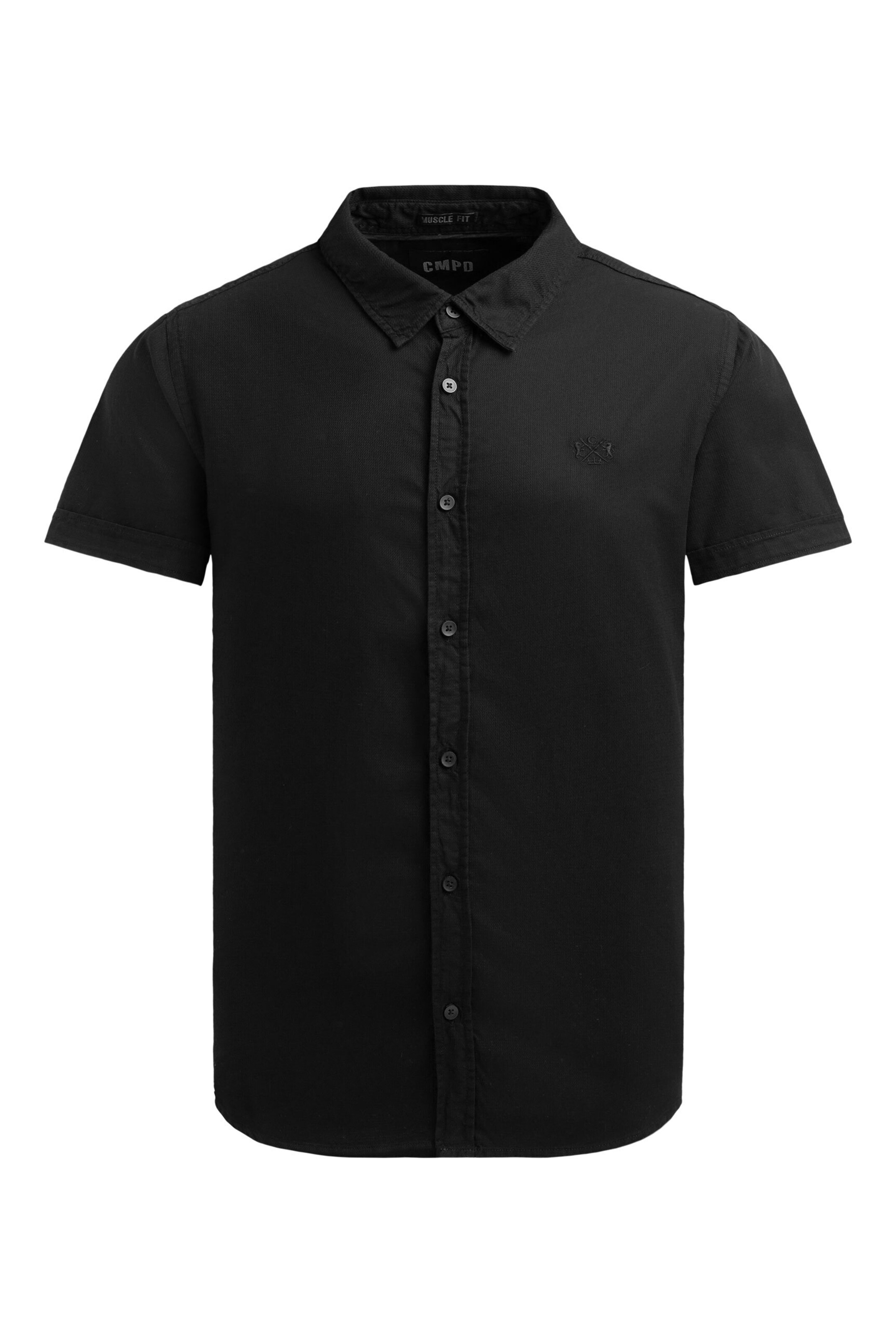 CMPD Slim Fit Kurzarmhemd mit filigraner Waffelstruktur in Schwarz: Vorderseite
