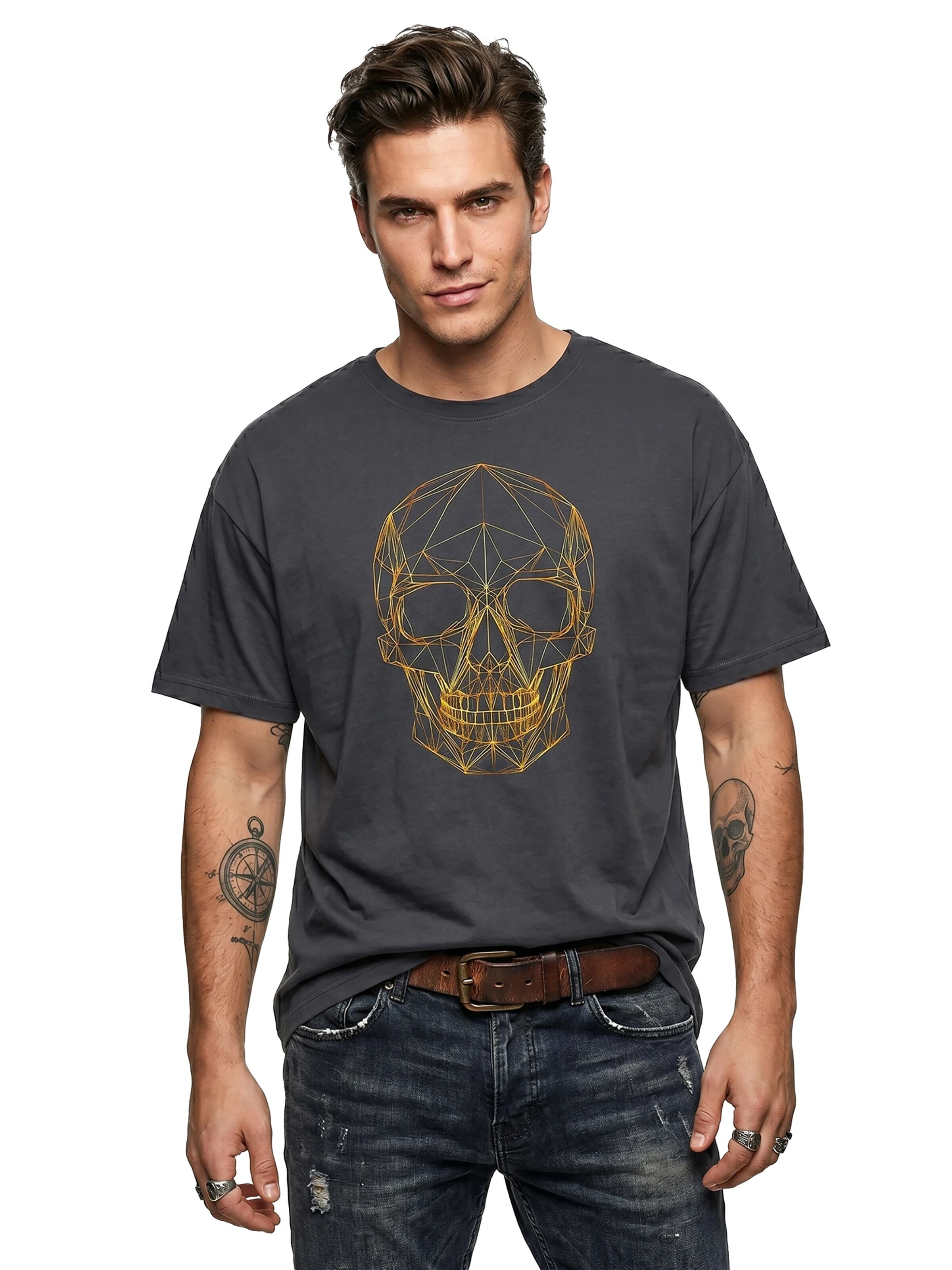 MAKAYA Shirt 'Line Skull' in Grey
