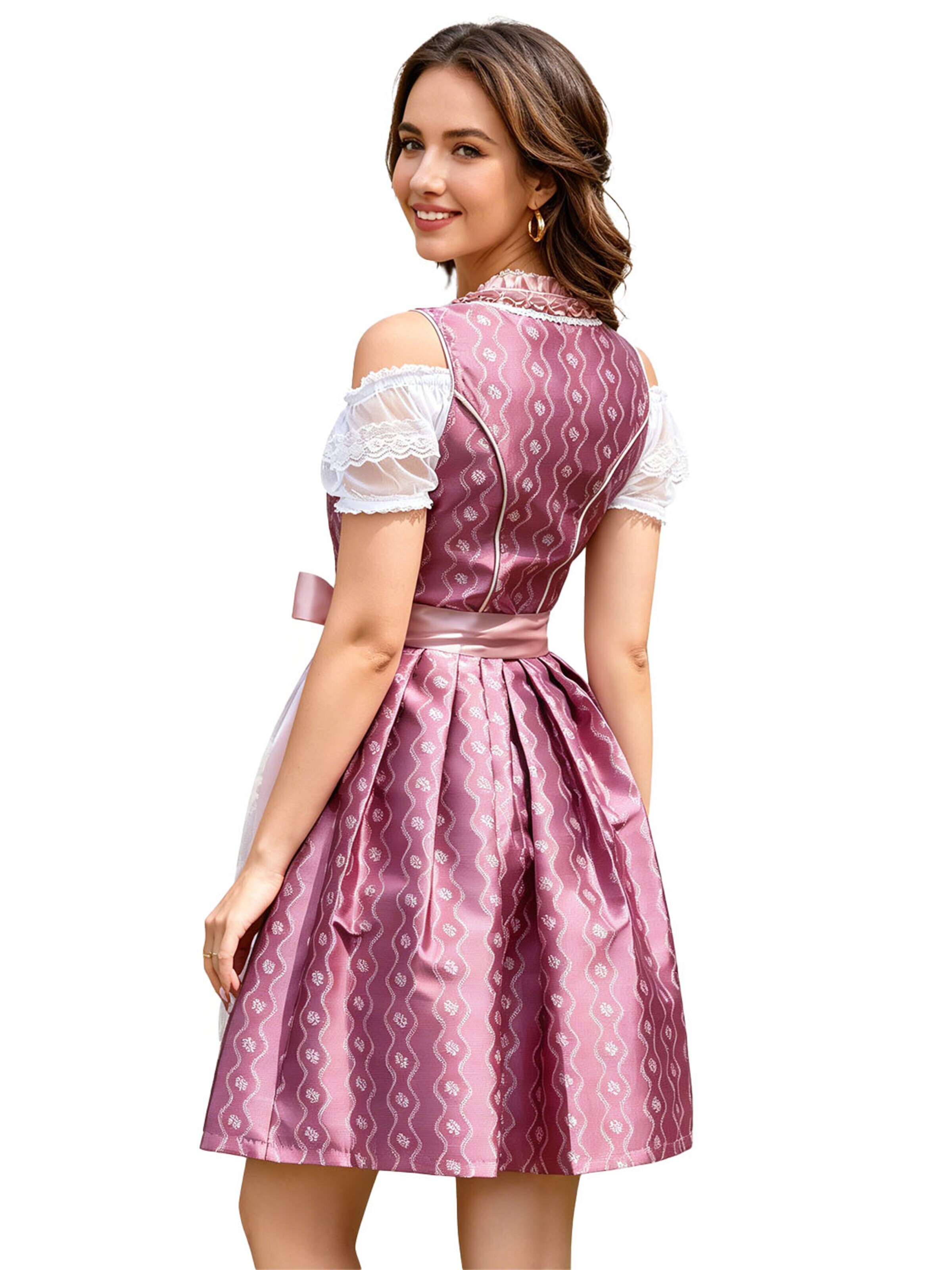 KoJooin Dirndl 'Damen 3tlg. Dirndl fuchsia Wasserwellenprint Spitzenbluse, Trägerkleid, Schürze fürs Oktoberfest' w kolorze różowy