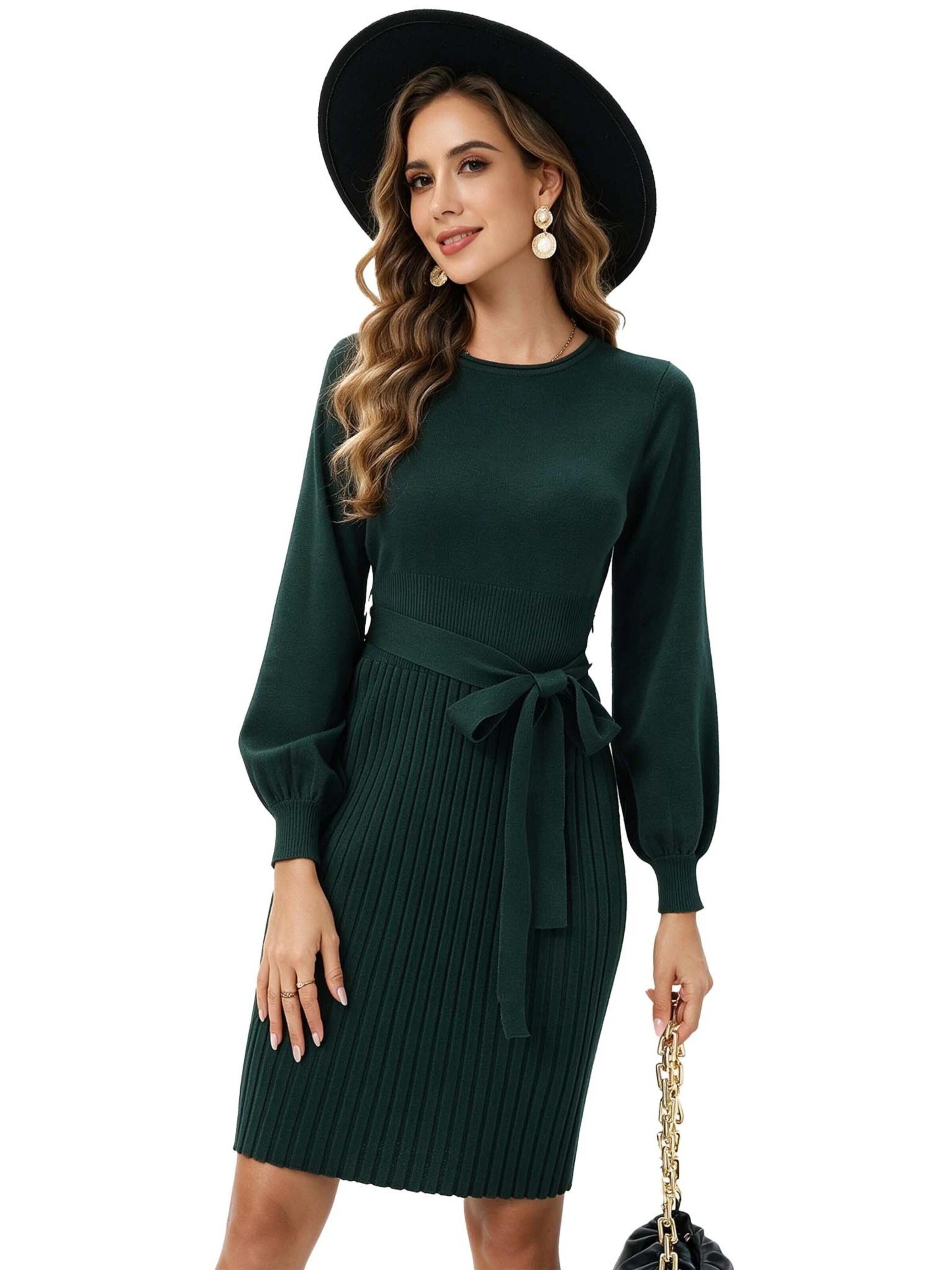 KoJooin Sukienka 'Damen-Strickkleid mit Rundhalsausschnitt, Bindegürtel, Plisseefalten und langen Ärmeln' w kolorze zielony