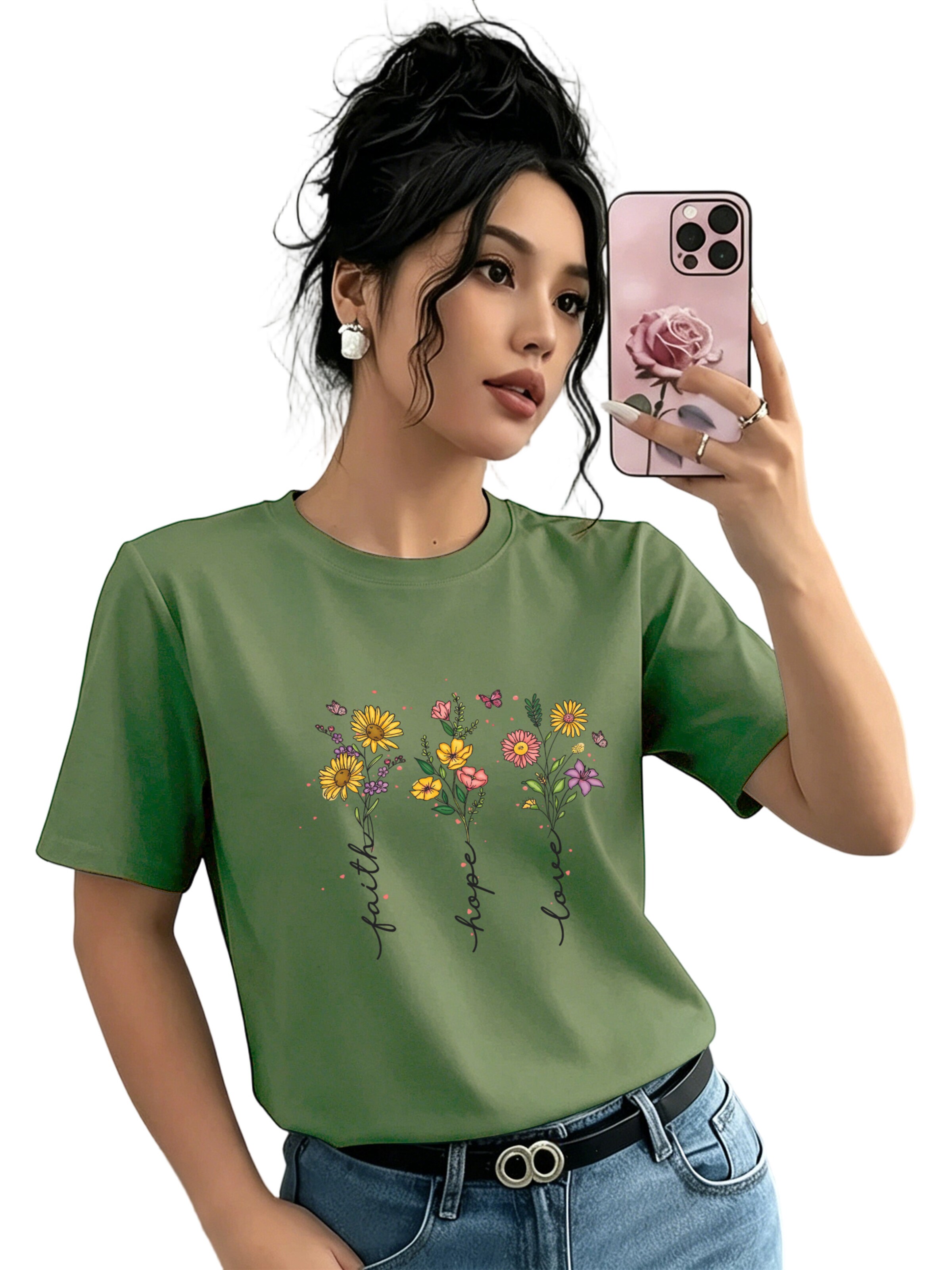 GORHEY Shirt 'Women's Casual Cotton Summer T-Shirt with Flowers Print'‌‌‌ in Grün: Vorderseite