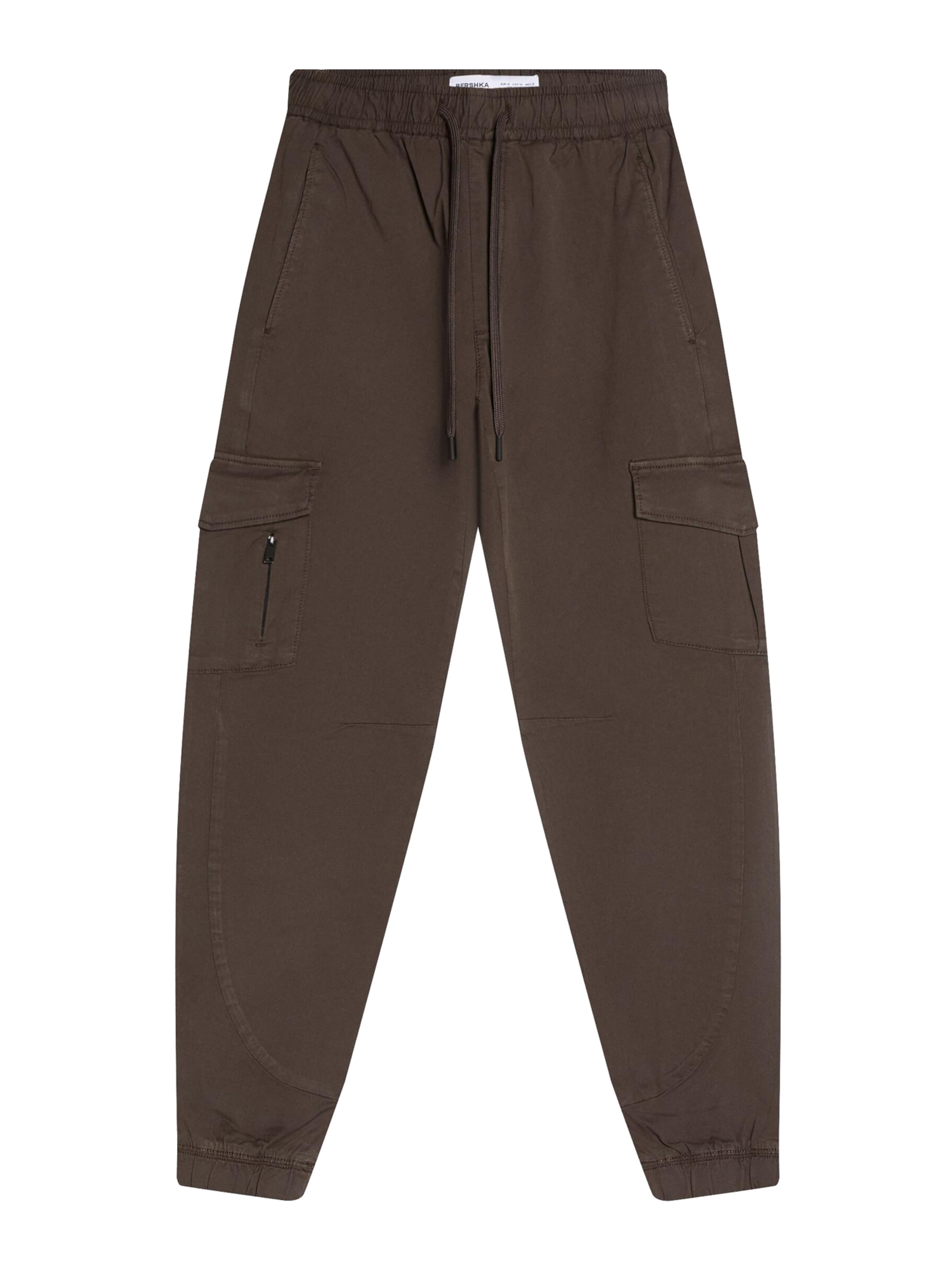 Bershka Tapered Cargo Pants in Brown: front