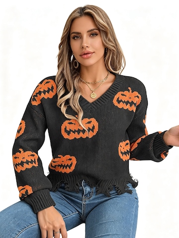 KoJooin Pullover 'Damen V-Ausschnitt Pullover mit Halloween-Kürbis-Motiv Farbkontrast,gestrickter Langarm-Pullover'‌‌‌‌‌‌‌‌‌ in Schwarz