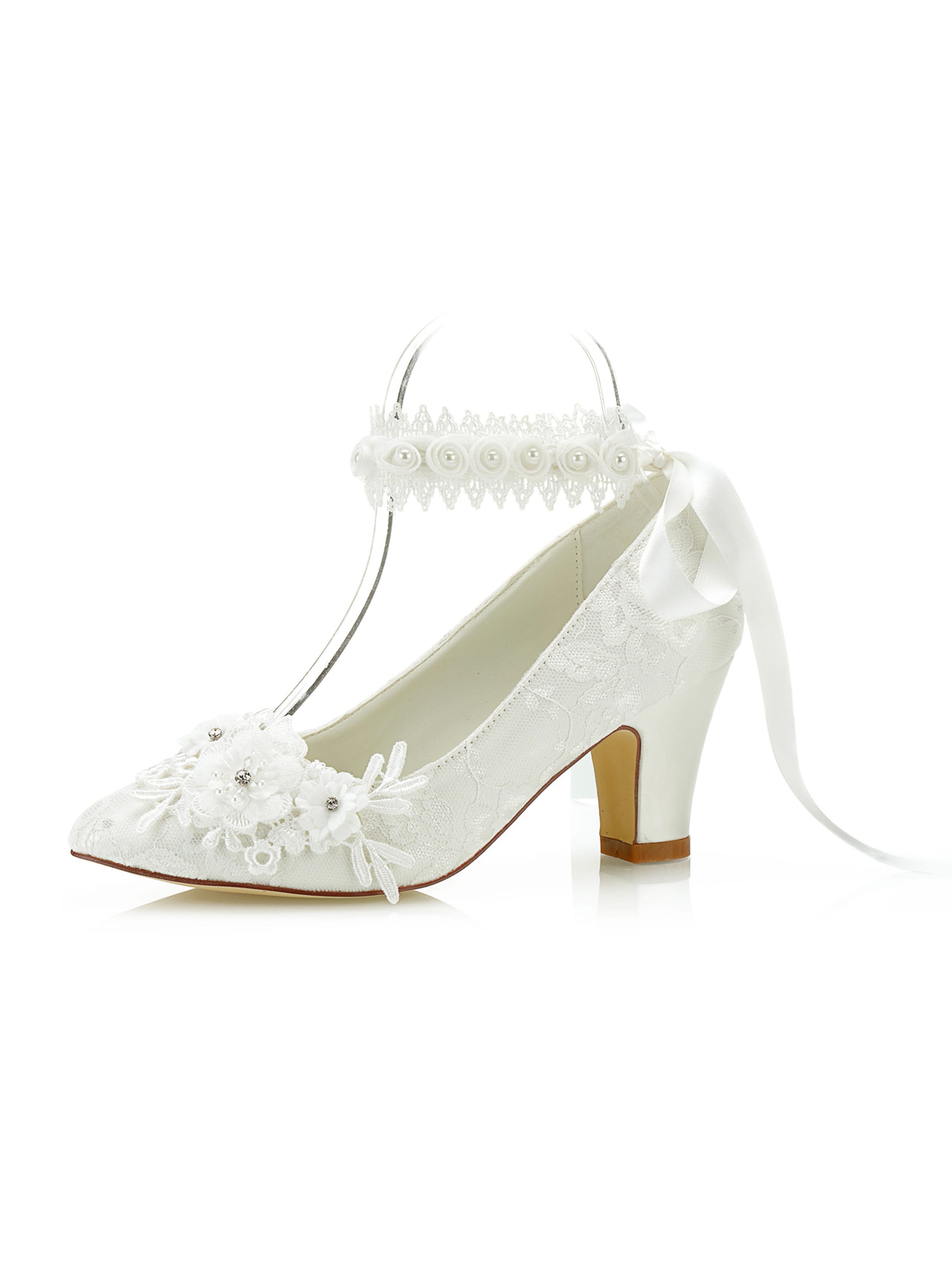 jiajia Pumps 'Weiße Brautschuhe aus Spitze mit Blüten und Perlenriemen' in Beige: front