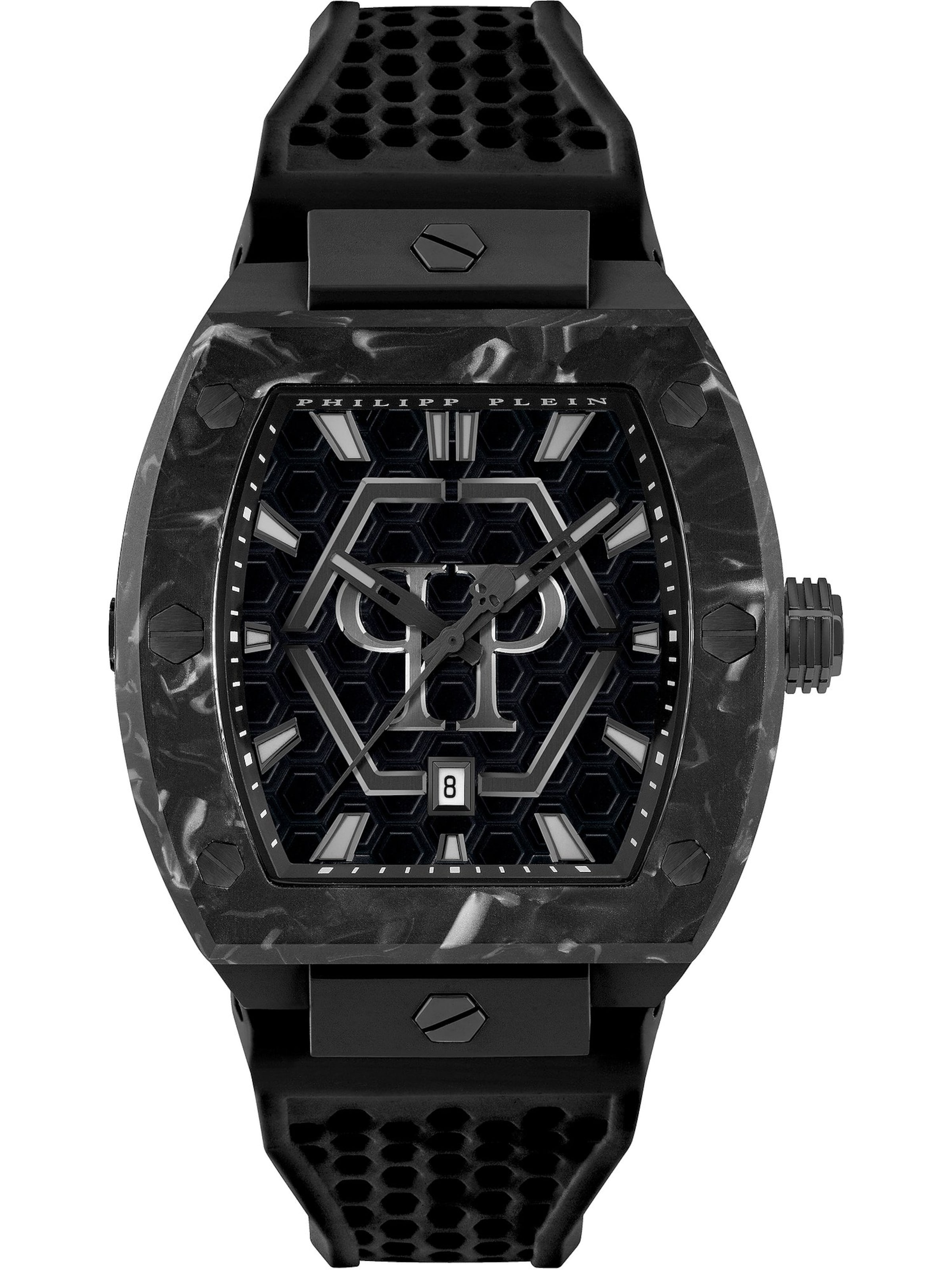 Ceas analogic 'The Hexagon Phantom' de la Philipp Plein pe negru: față