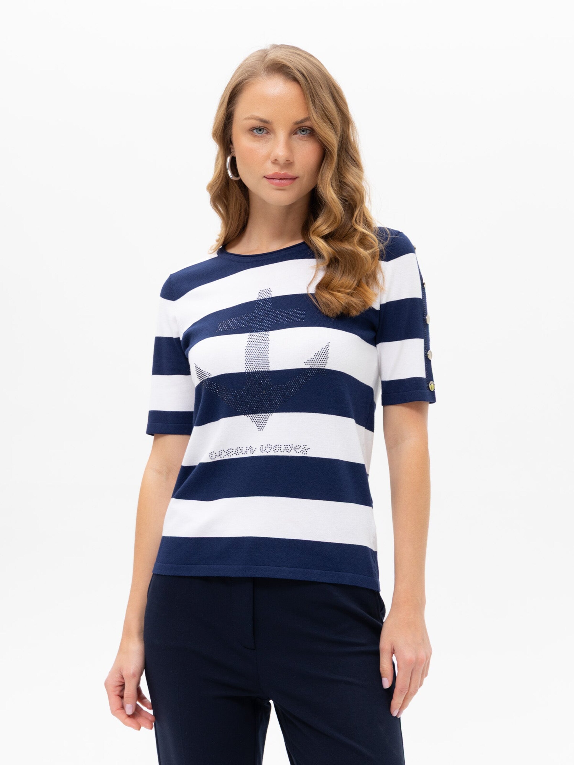 Passioni Pullover 'Gestreiftes T-Shirt mit Strassapplikationen'‌‌ in Blau: Vorderseite