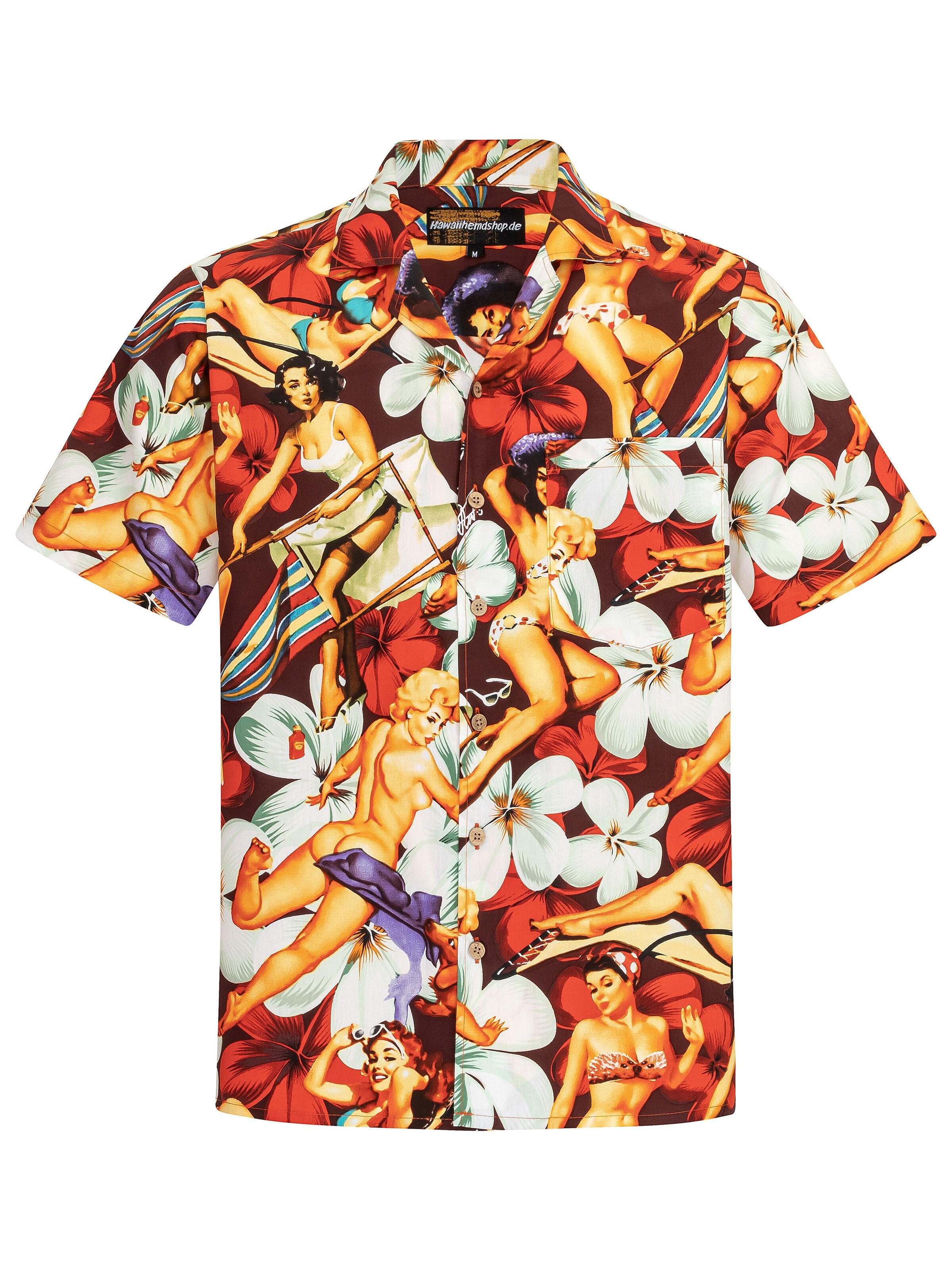 Hawaiihemdshop.de - Regular Fit Camisa 'Hawaiihemd Flower Girls (red) 2.0' em vermelho: frente