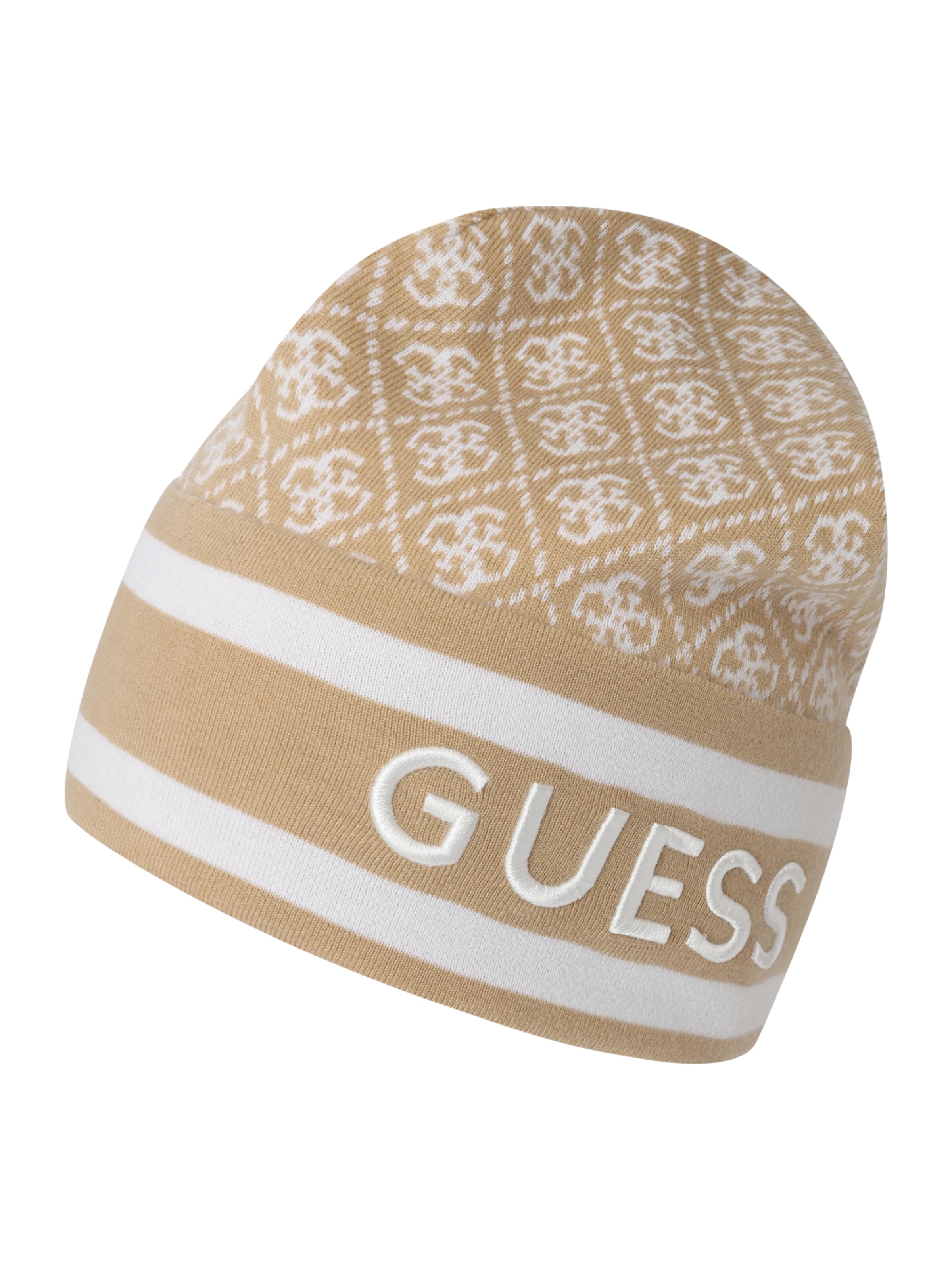 bézs / fehér GUESS Sapka 'SEVYN 4G LOGO BEANIE SWTR', Termék nézet