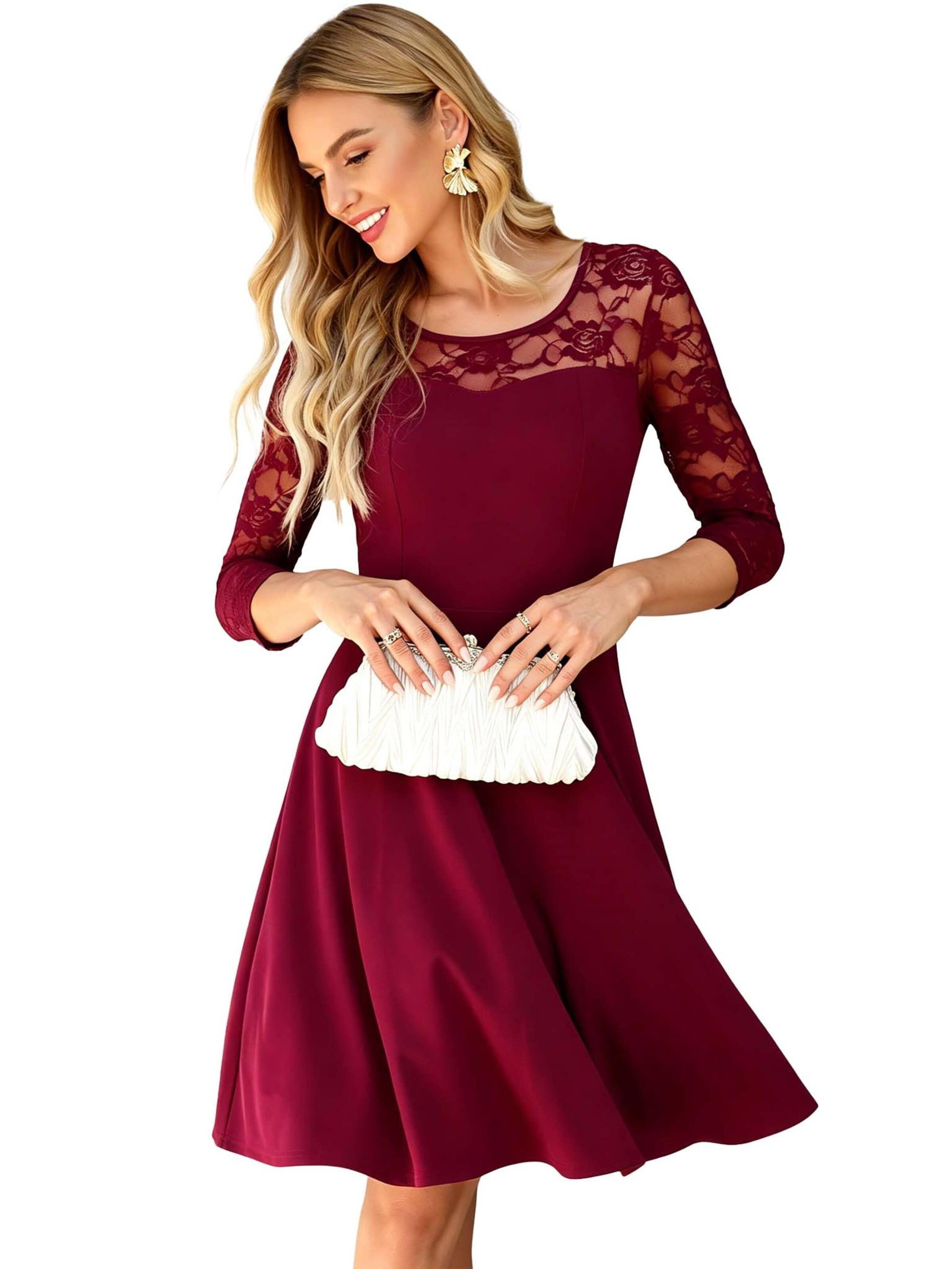 KoJooin Suknia wieczorowa 'Vintage-Brautjungfernkleid mit floraler Spitze, 2/3-Ärmeln und passendem Design' w kolorze czerwony