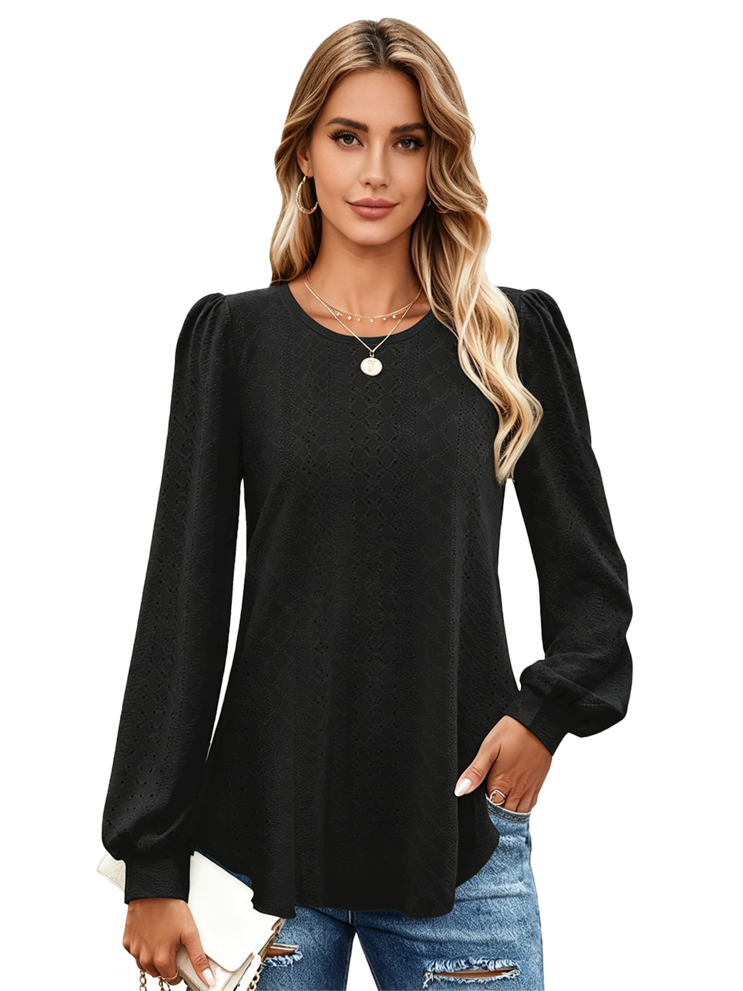 KoJooin Shirt 'Damen Locker Geschnittenes Rundhals T-Shirt mit Puffärmeln – Lässiges Langarmshirt für Alltag' in Black: front