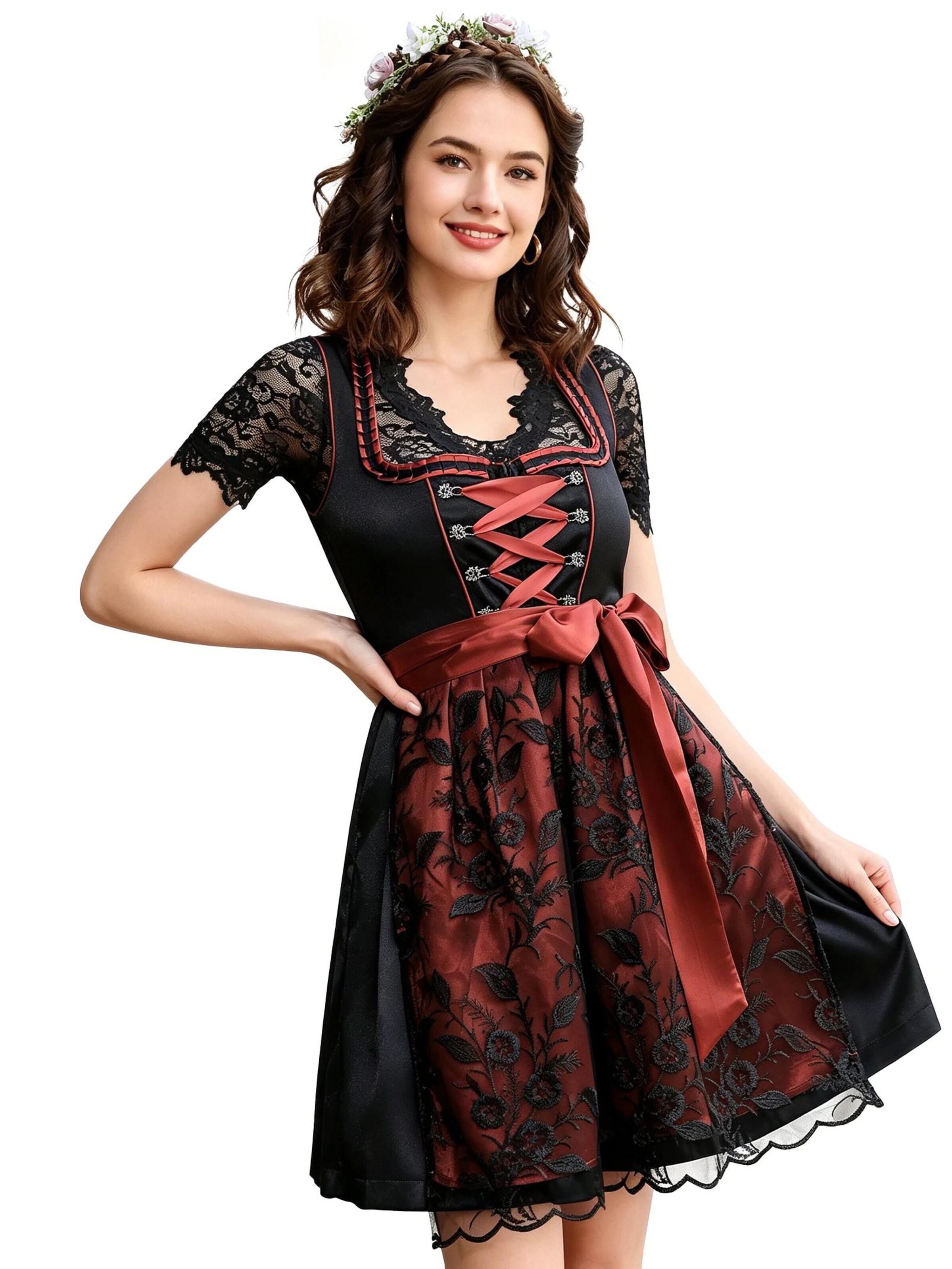 KoJooin Dirndl 'Damen Dirndl 3-Teiler Satinrock Glanzeffekt,Spitzenbluse Spitzenschürze für Oktoberfest,Karneval' w kolorze czarny