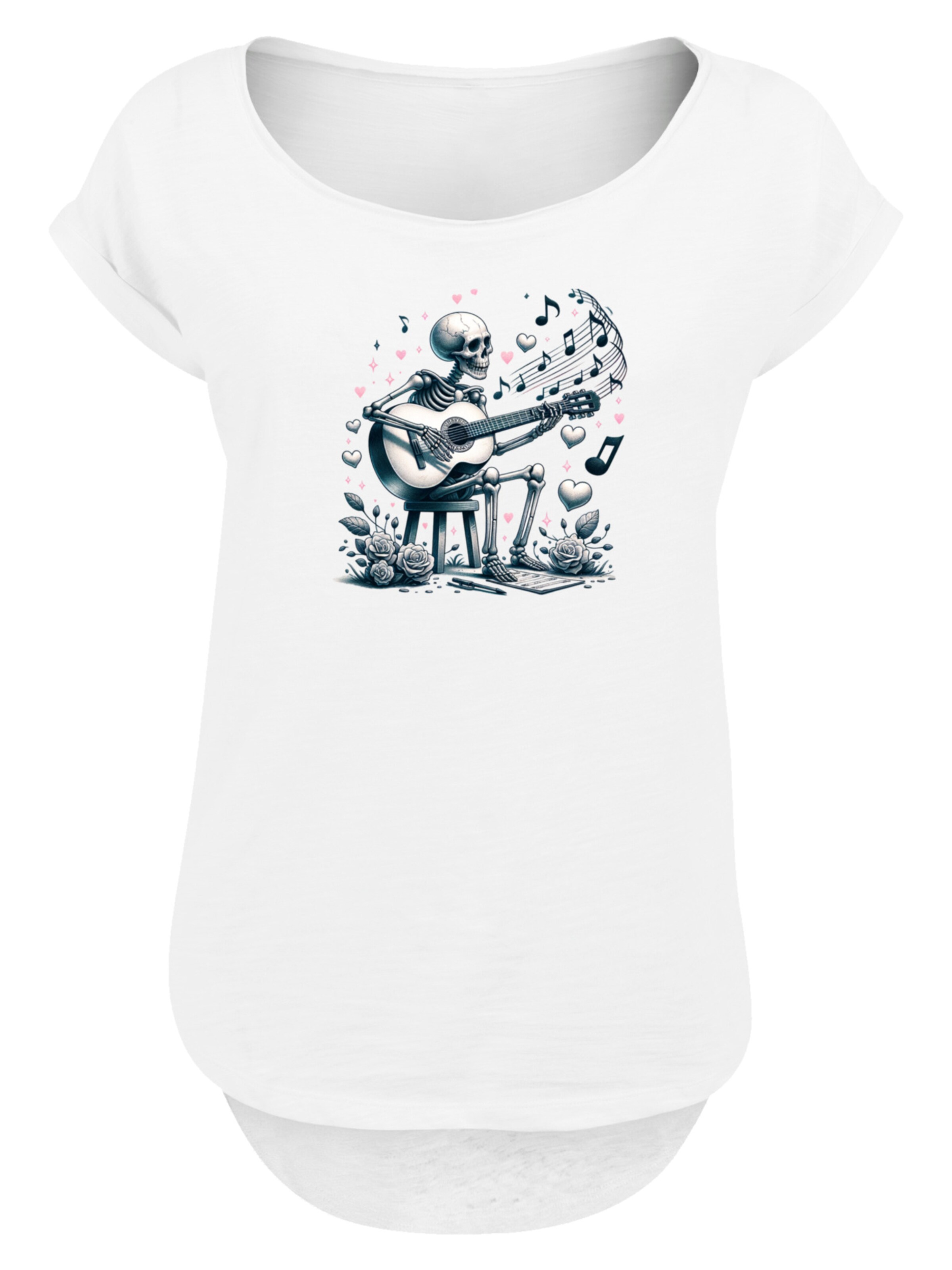 F4NT4STIC Shirt 'Skelett spielt Gitarre, Musik, Liebe' in Wit: voorkant