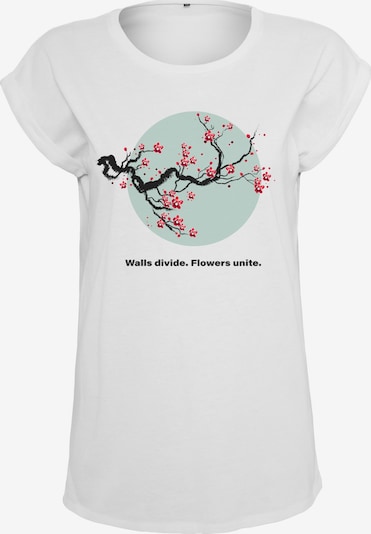 Merchcode T-shirt 'Flowers Unite' en bleu fumé / canneberge / noir / blanc, Vue avec produit