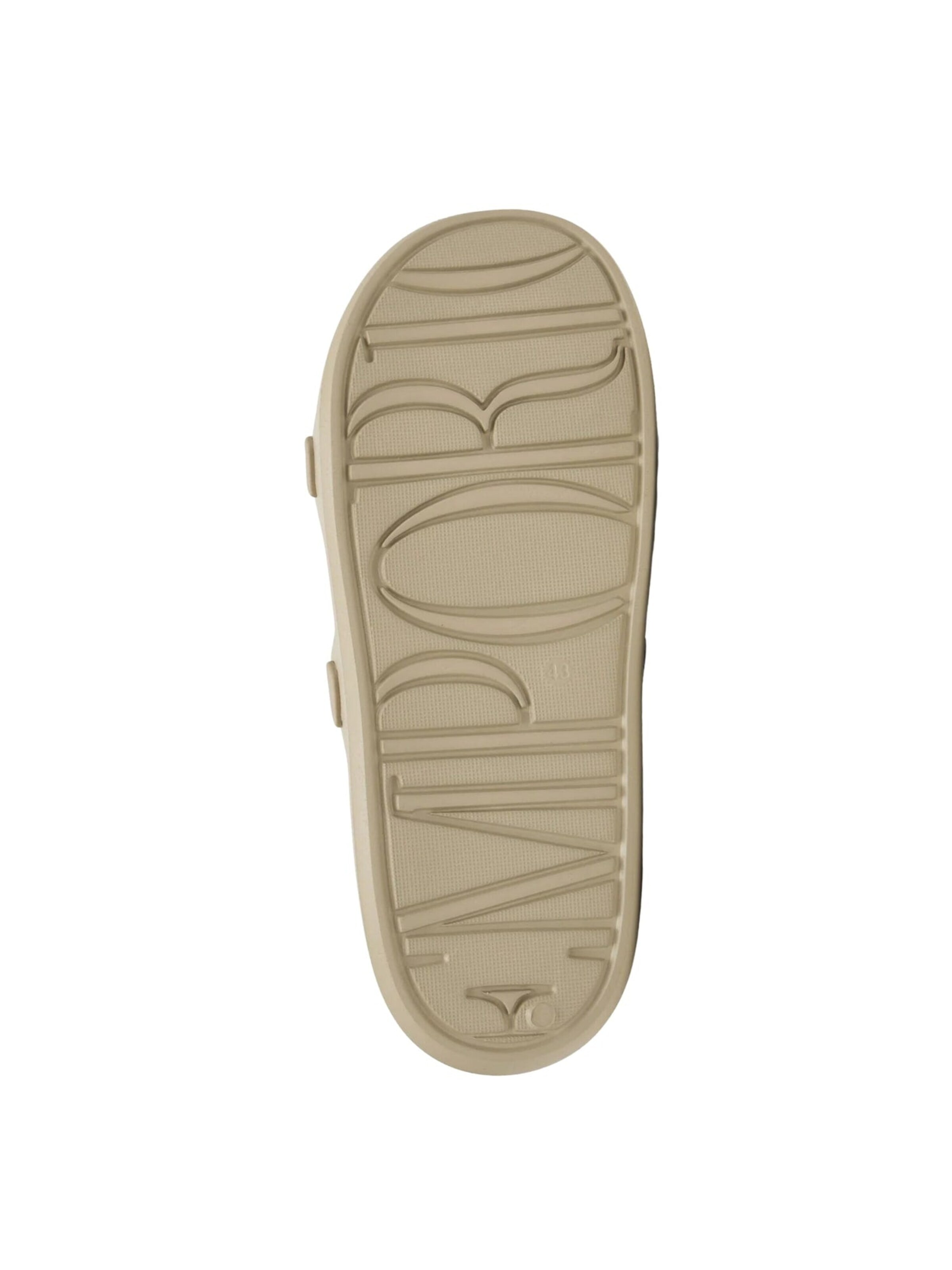 Emporio Armani Muiltjes 'Eagle-Embossed Shaped Sliders' in Beige