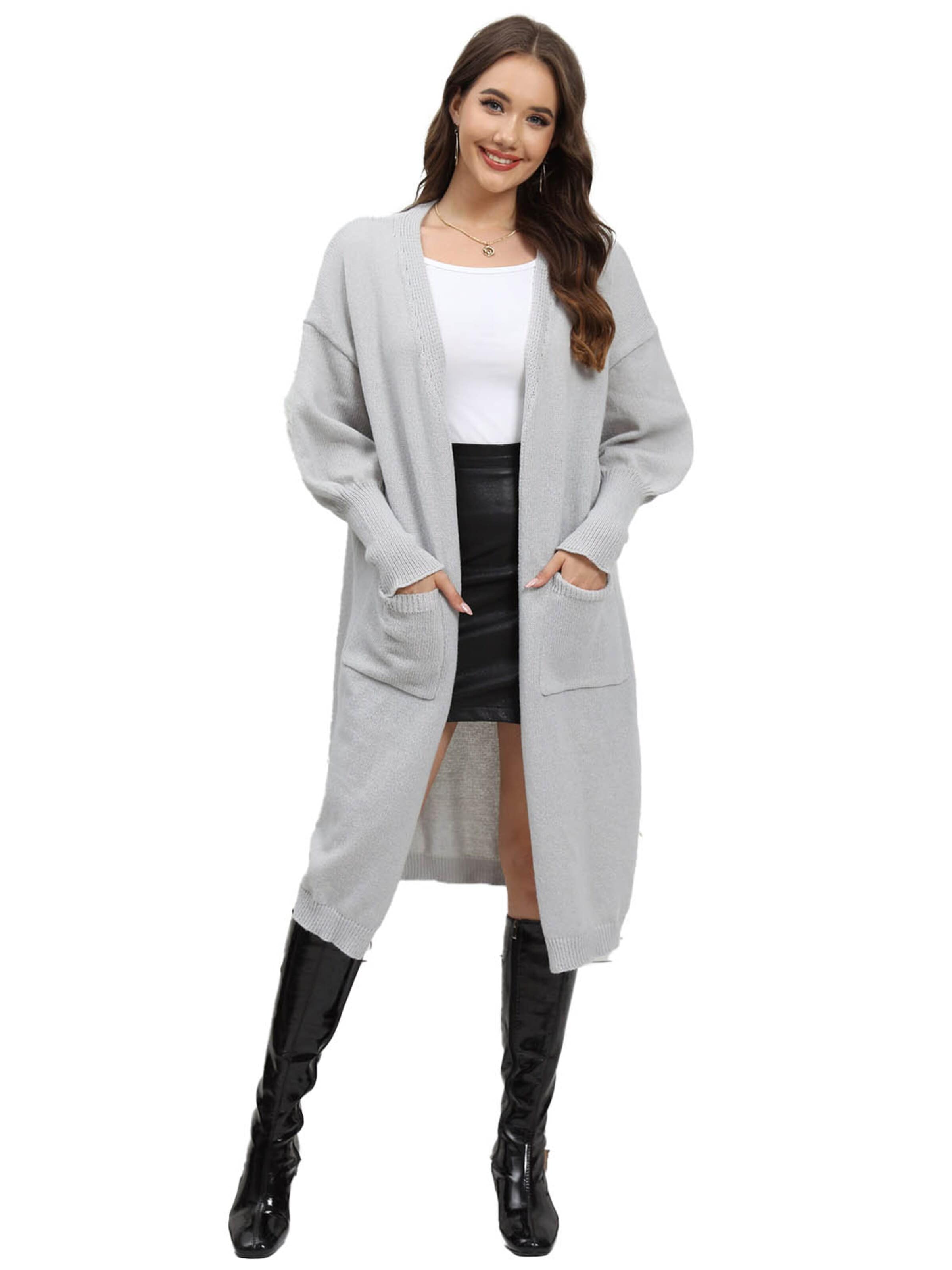 KoJooin Kardigan 'Damen Oversize Wollcardigan Taschen und Ballonärmeln Weicher,Langer Strickmantel in Einheitsgröße' w kolorze szary